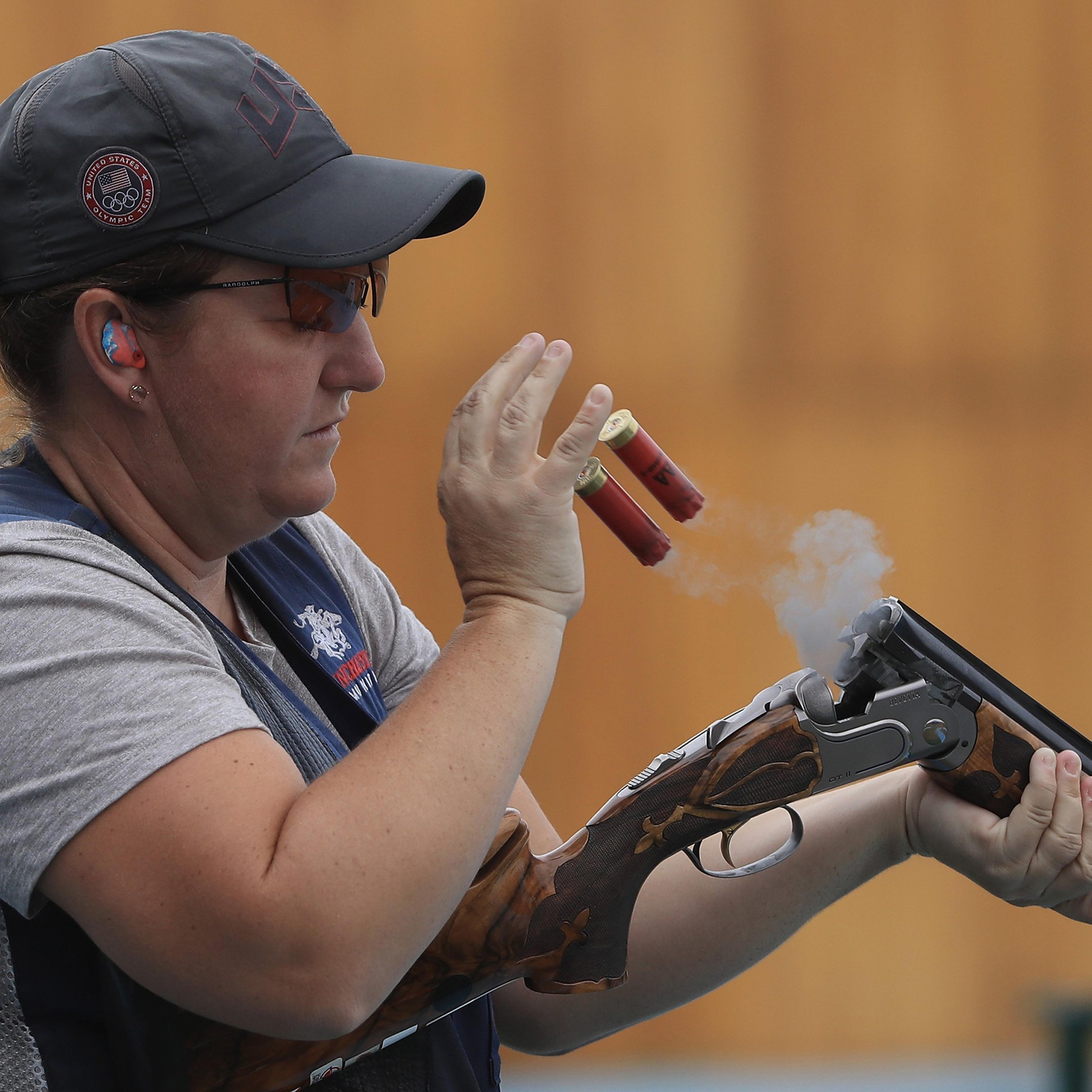 Kim Rhode of the United States shoots in a training session prior to the start of the Rio 2016 Olympic Games at the Olympic Shooting Centre in Rio de Janeiro, Brazil, on Aug. 4, 2016.