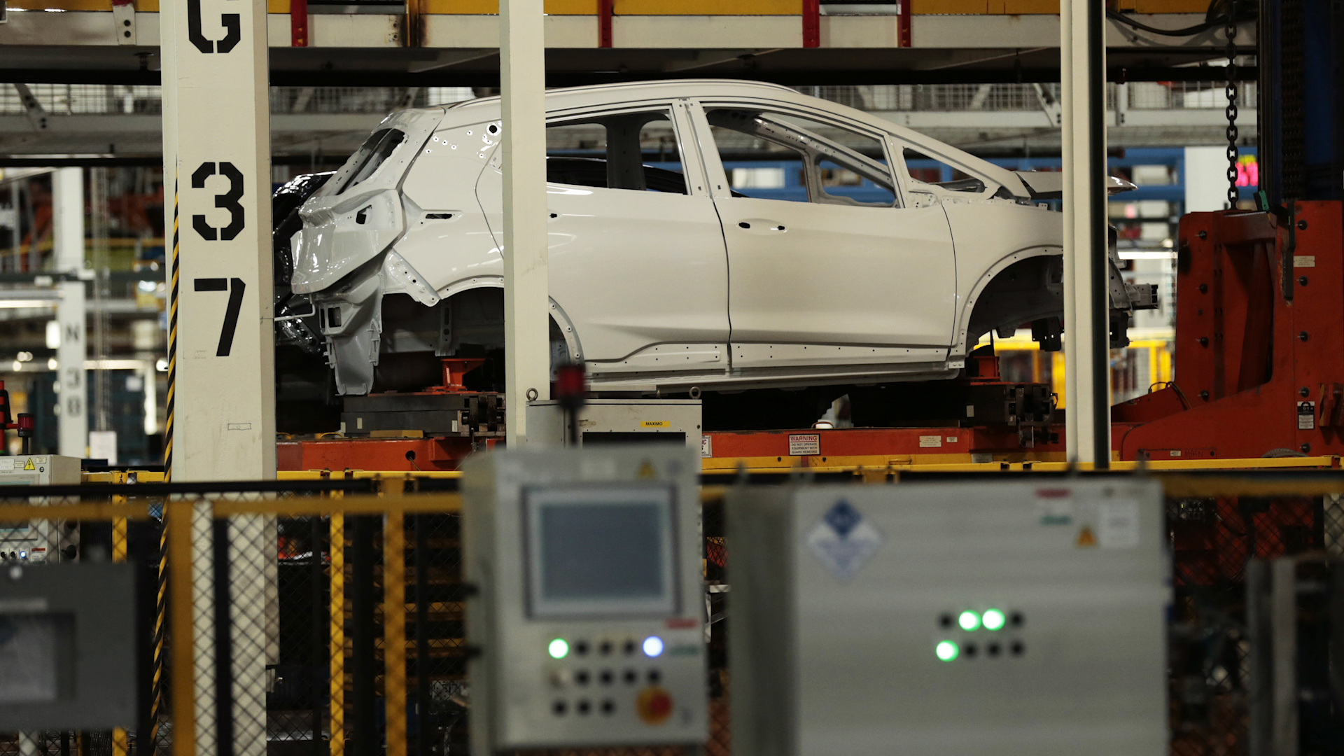 A 2019 Chevrolet Bolt vehicle sits on the assembly line at the General Motors Co. Orion Assembly plant in Orion Township, Michigan, U.S.