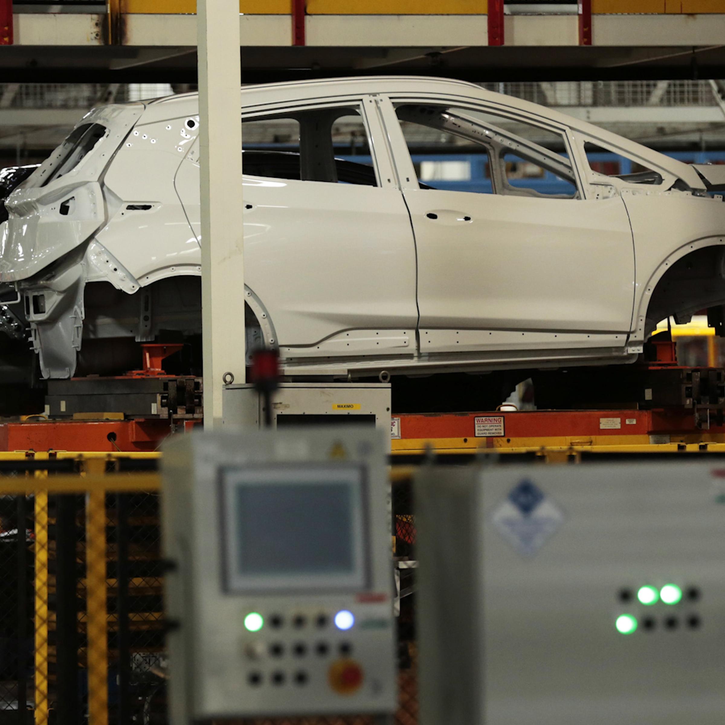A 2019 Chevrolet Bolt vehicle sits on the assembly line at the General Motors Co. Orion Assembly plant in Orion Township, Michigan, U.S.