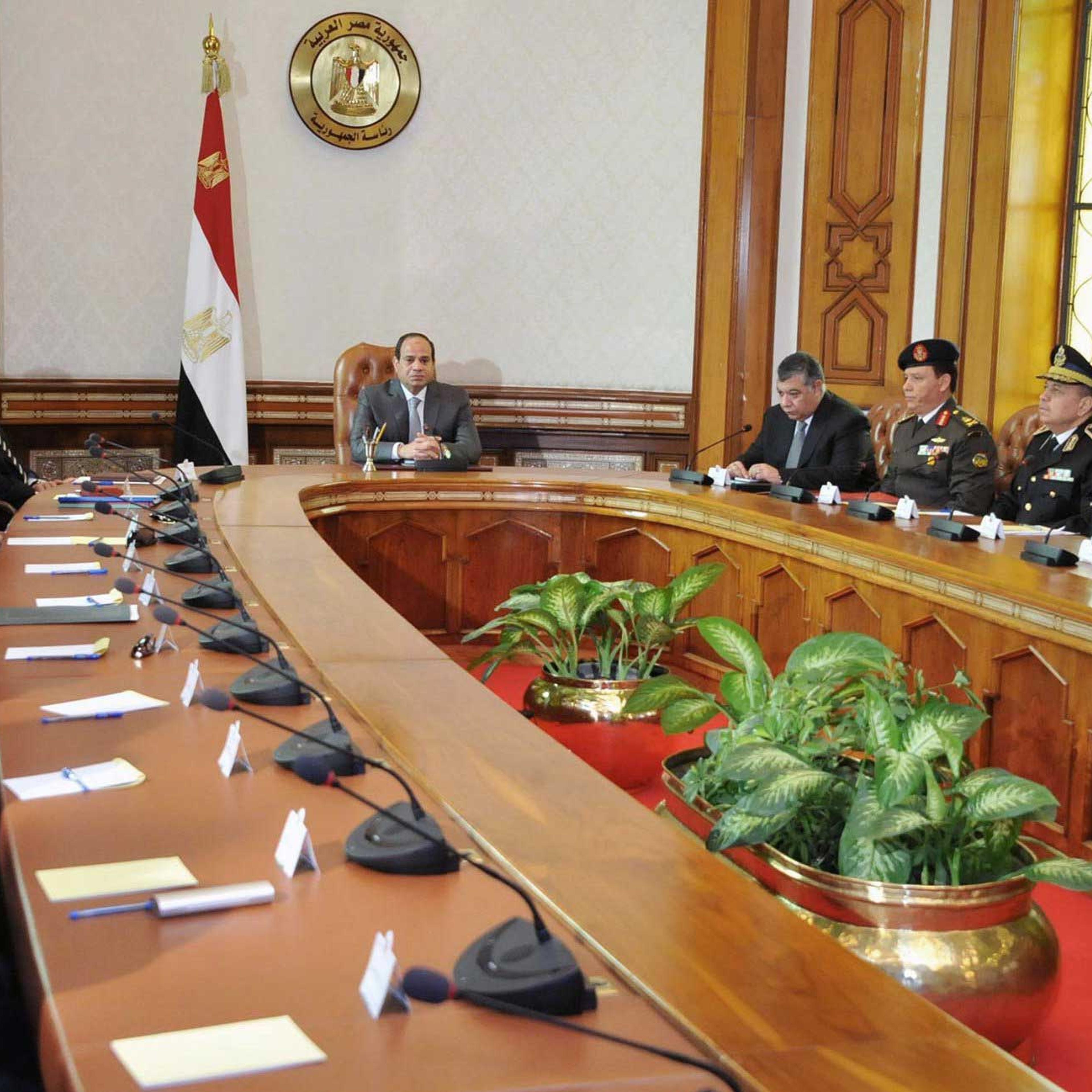 President Abdul Fattah al-Sisi meeting with his Interior Minister Magdy Abdel Ghaffar, the chief of intelligence and military officials in Cairo on April 16, 2015.