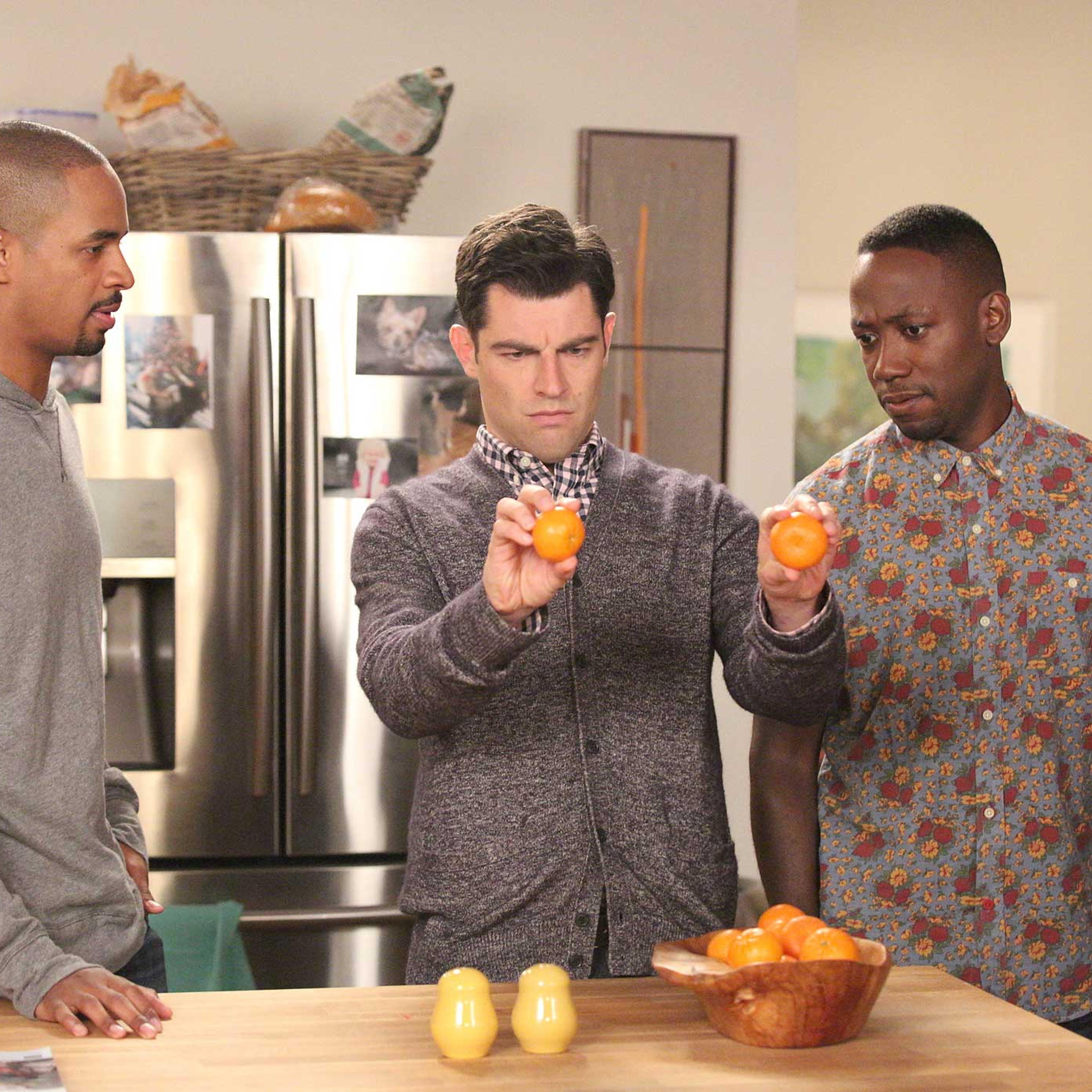NEW GIRL: Schmidt (Max Greenfield, C), Coach (Damon Wayans, Jr., L) and Winston (Lamorne Morris, R) visit their neighbors in the "Goldmine" episode of NEW GIRL airing Tuesday, Nov. 11 (9:00-9:30 PM ET/PT) on FOX. ©2014 Fox Broadcasting Co. Cr: Adam