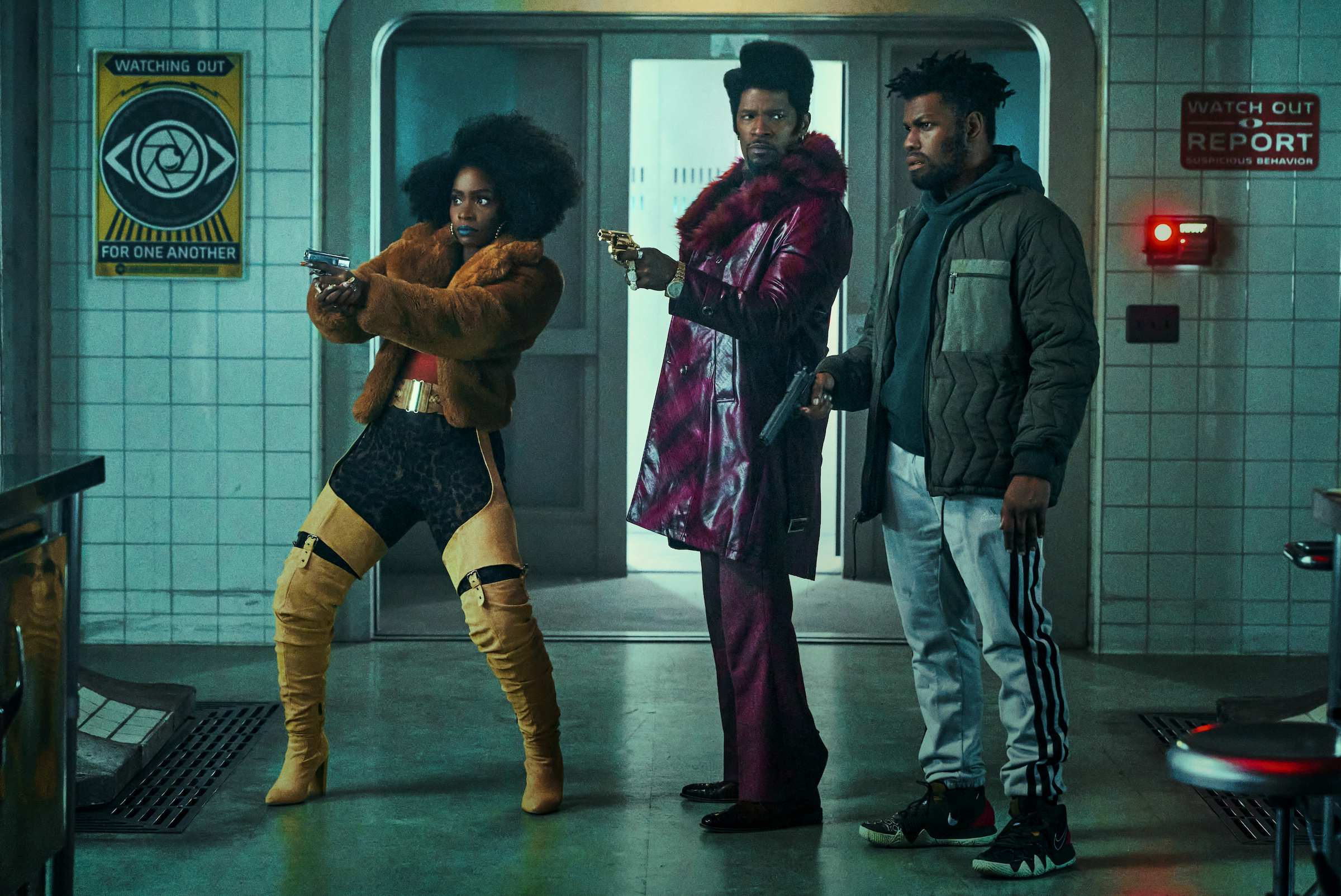 Teyonah Parris as Yo-Yo, Jamie Foxx as Slick Charles, and John Boyega as Fontaine in 'They Cloned Tyrone.'