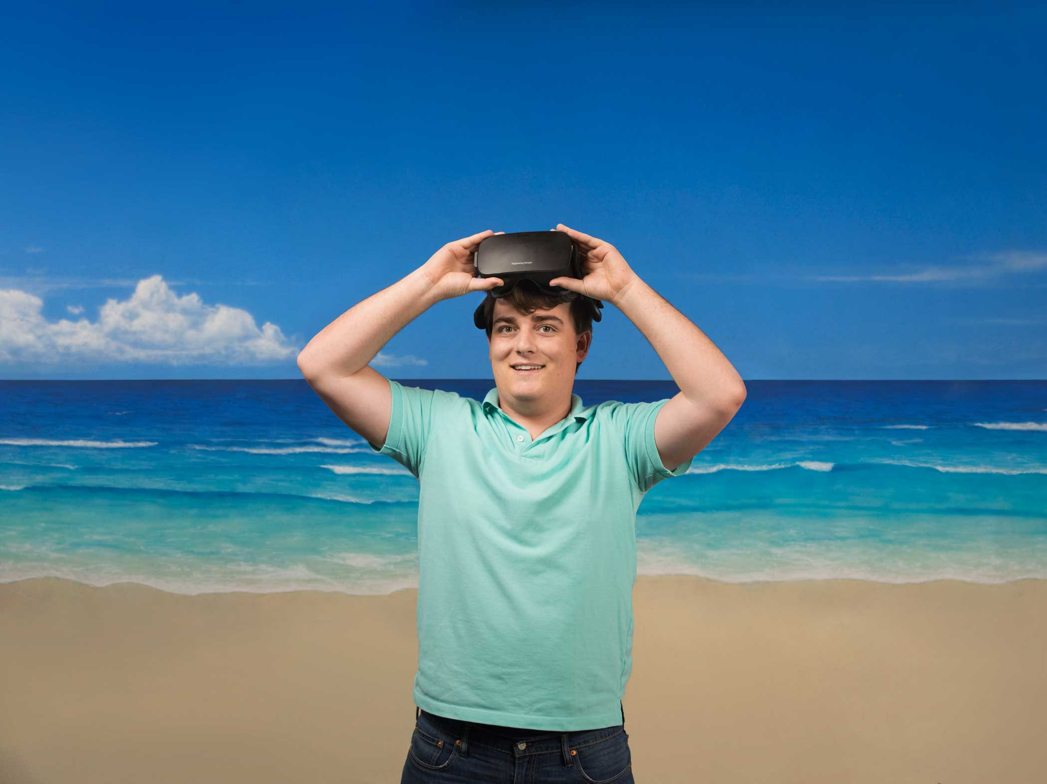 Palmer Lucky, Founder of Oculus, wearing a set of Oculus goggles at the Facebook headquarters in Menlo Park, Calif. on June 23, 2015.