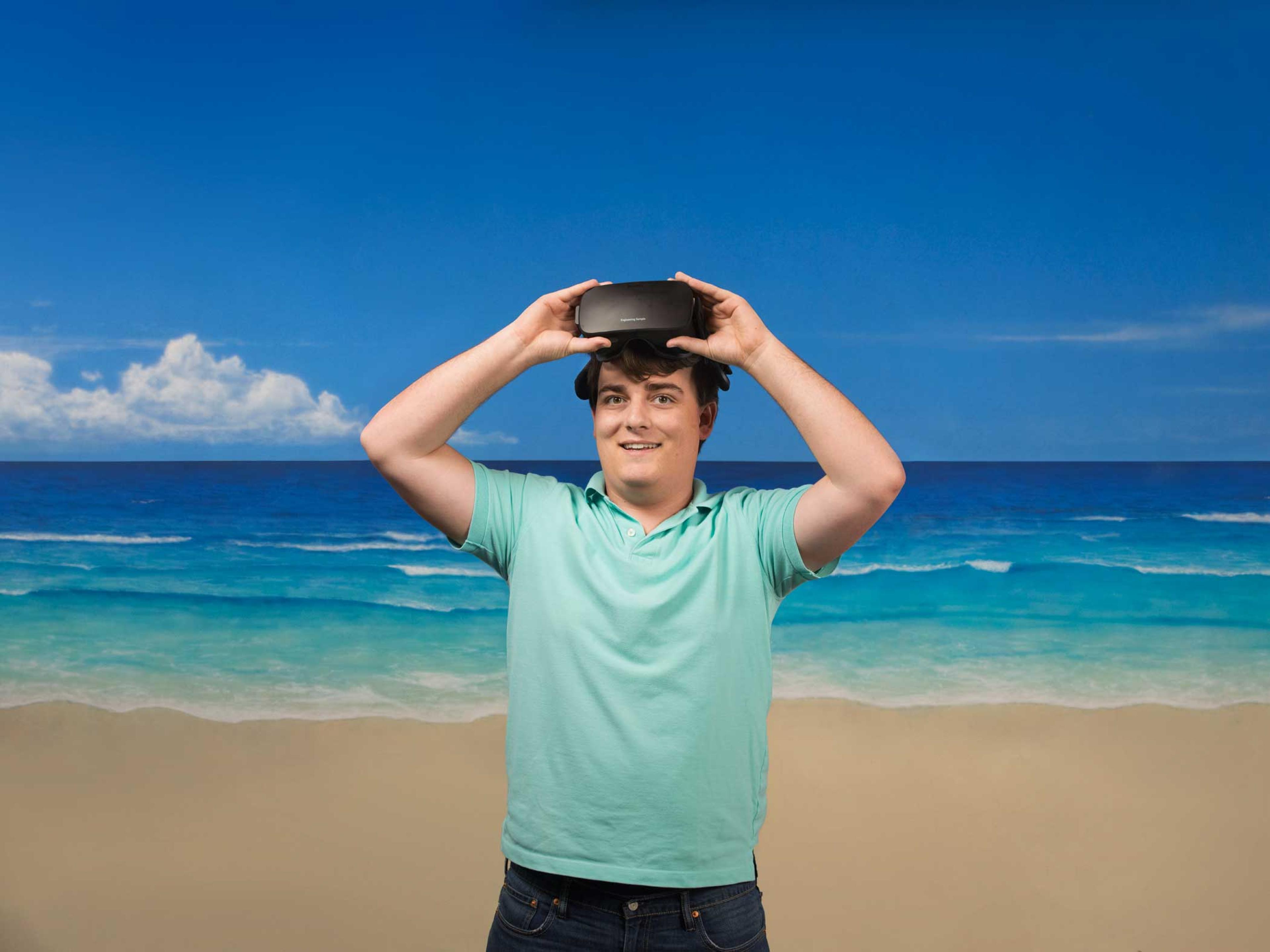 Palmer Lucky, Founder of Oculus, wearing a set of Oculus goggles at the Facebook headquarters in Menlo Park, Calif. on June 23, 2015.
