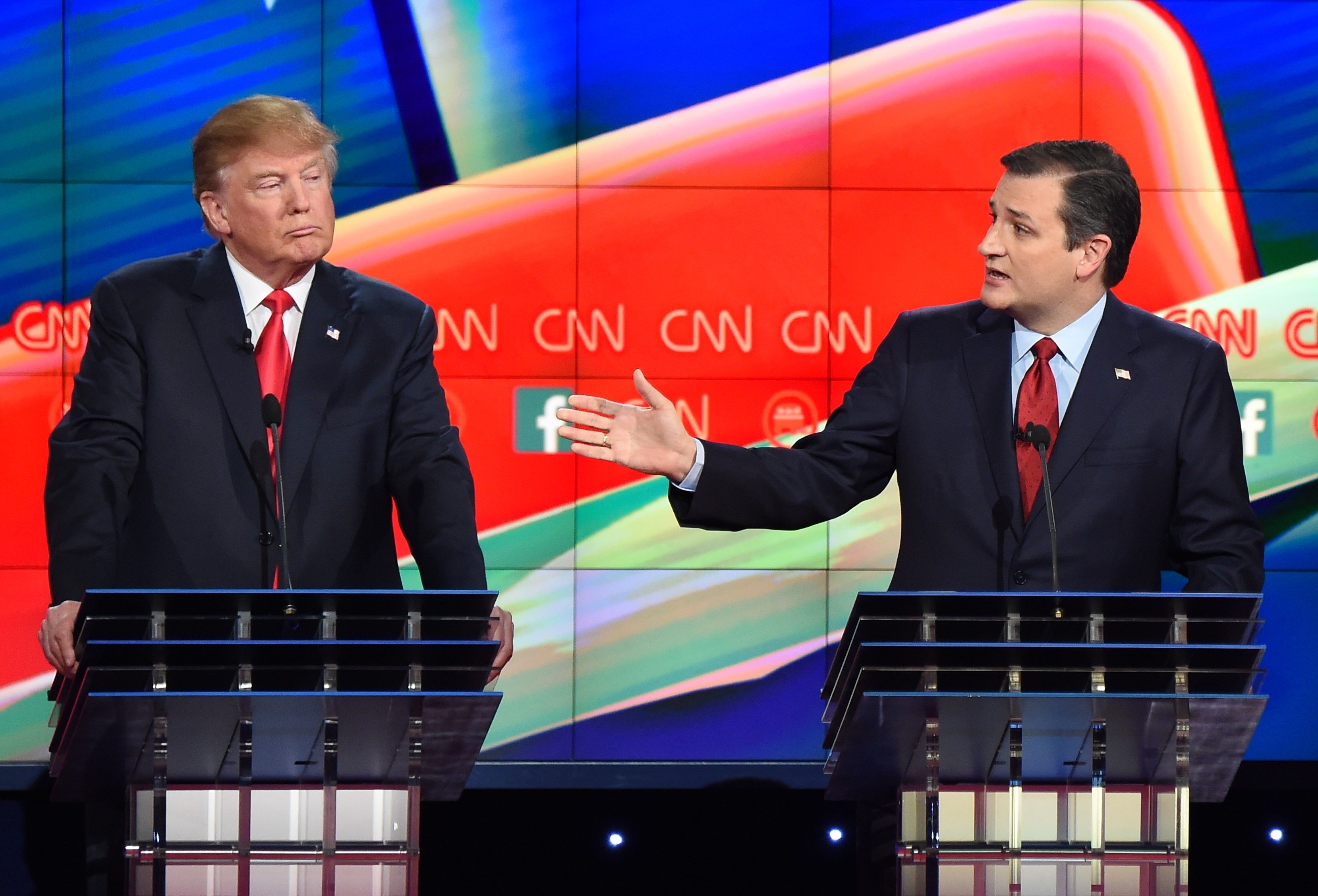 Republican presidential candidates Texas Sen. Ted Cruz, right, and businessman Donald Trump at the Republican presidential debate on Dec. 15, 2015 in Las Vegas.