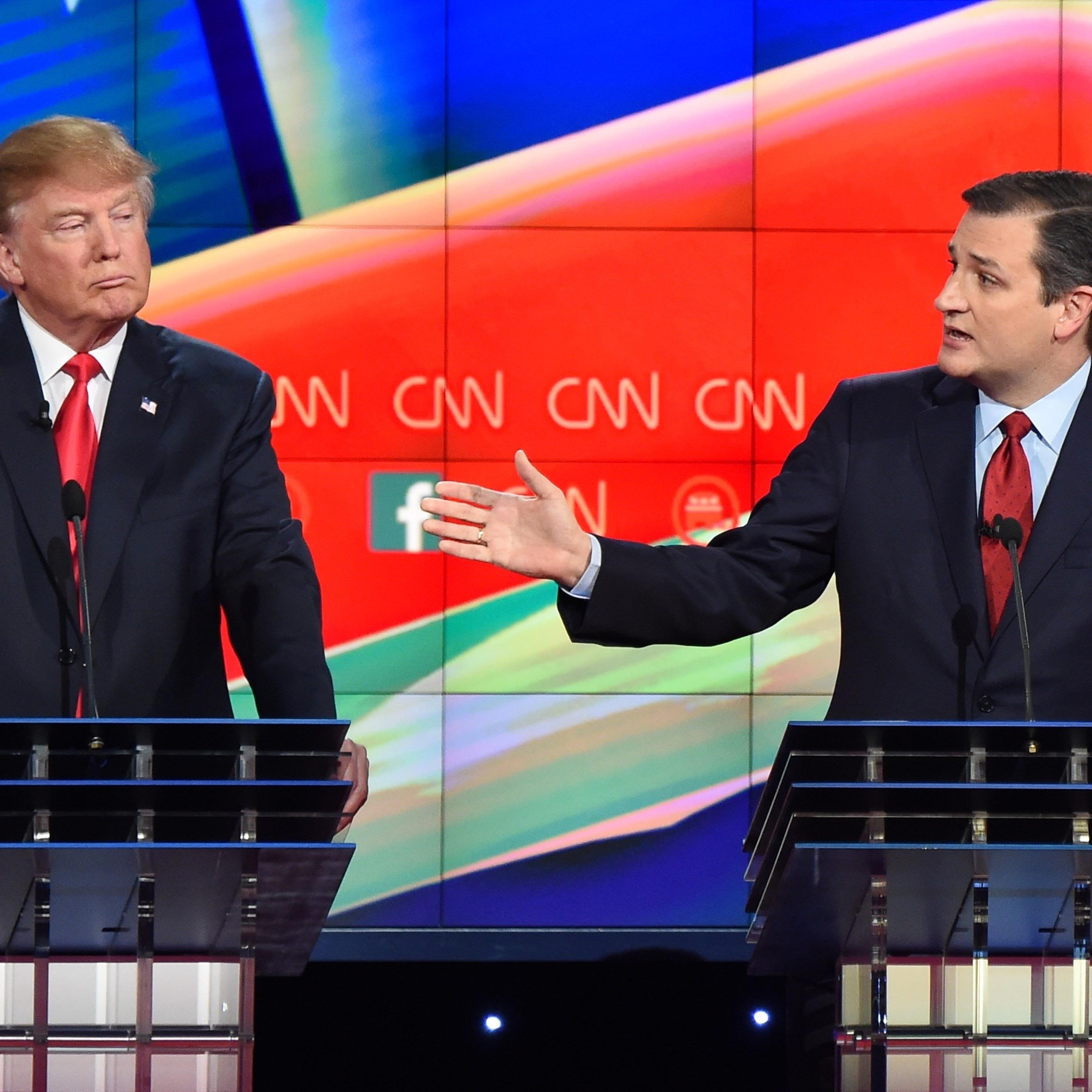 Republican presidential candidates Texas Sen. Ted Cruz, right, and businessman Donald Trump at the Republican presidential debate on Dec. 15, 2015 in Las Vegas.