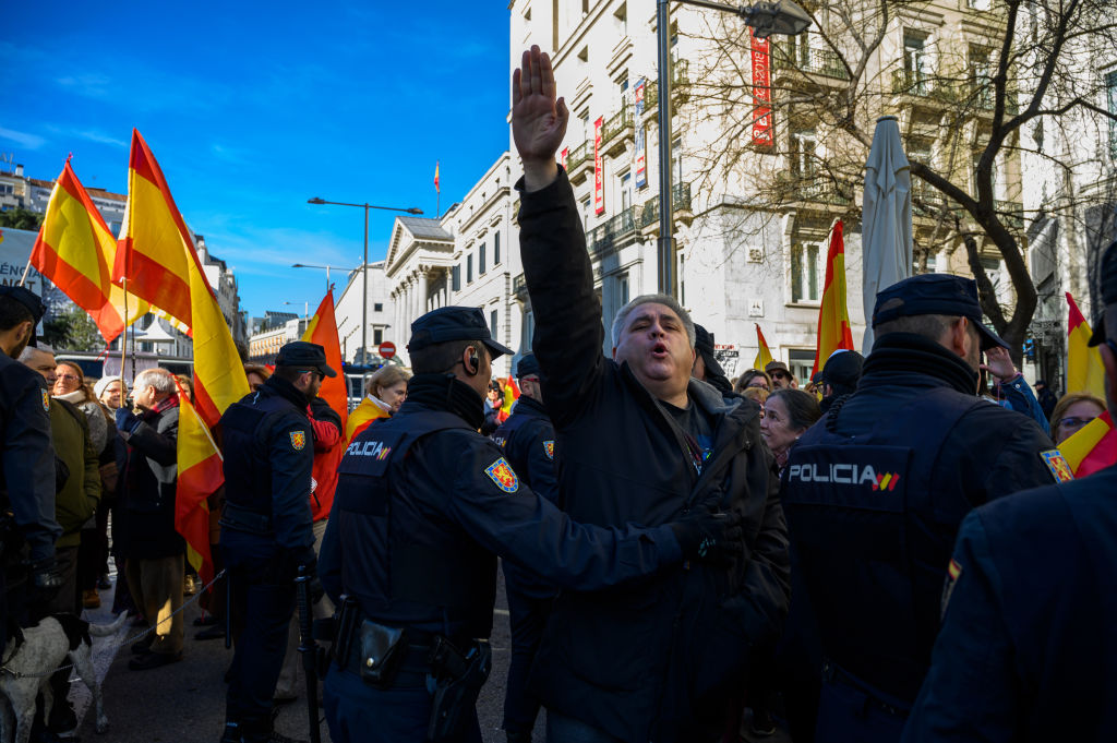 Far right wing supporter making a nazi salute protesting