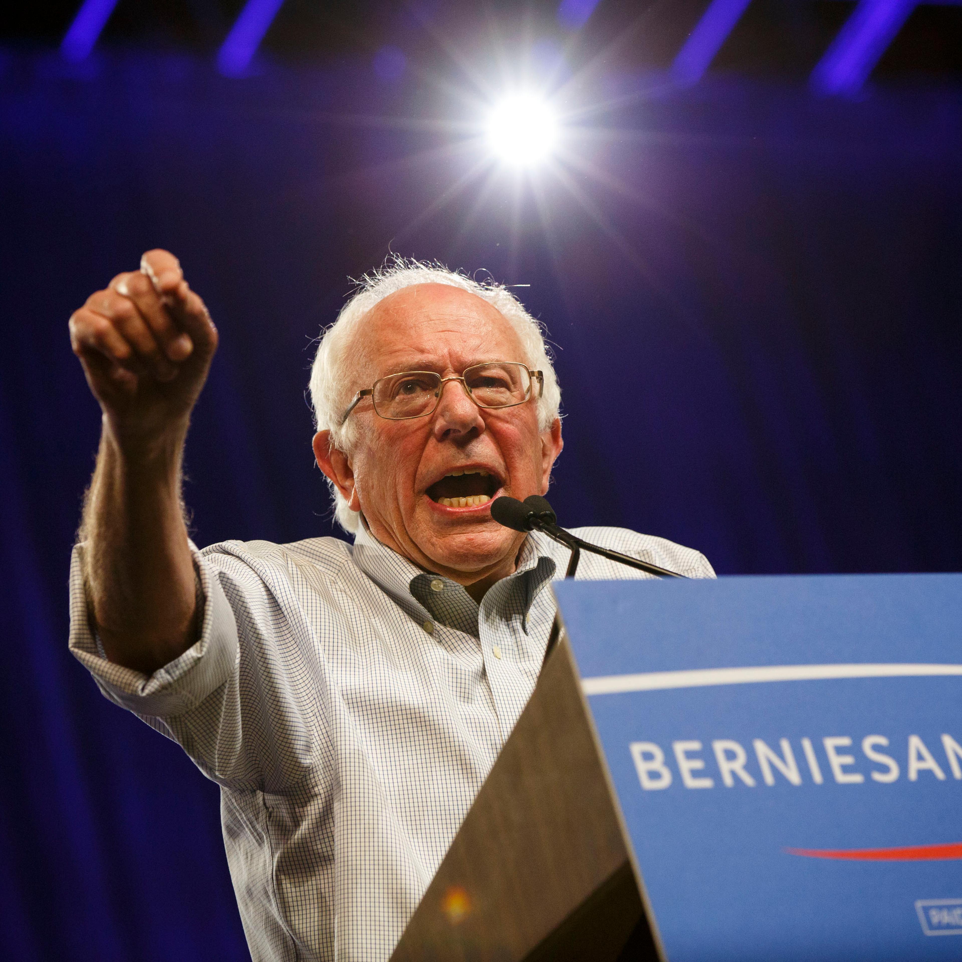 U.S. Senator Bernie Sanders gestures as he speaks during a campaign event at the LA Memorial Sports Arena in Los Angeles on Aug. 10, 2015.