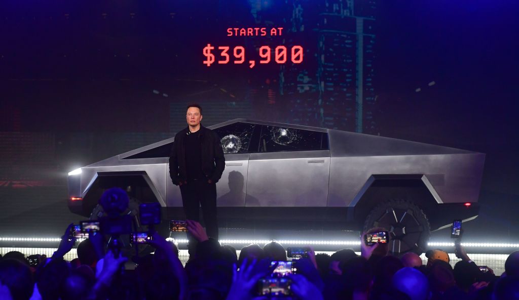 Elon Musk With Telsa Cybertruck With Broken Windows