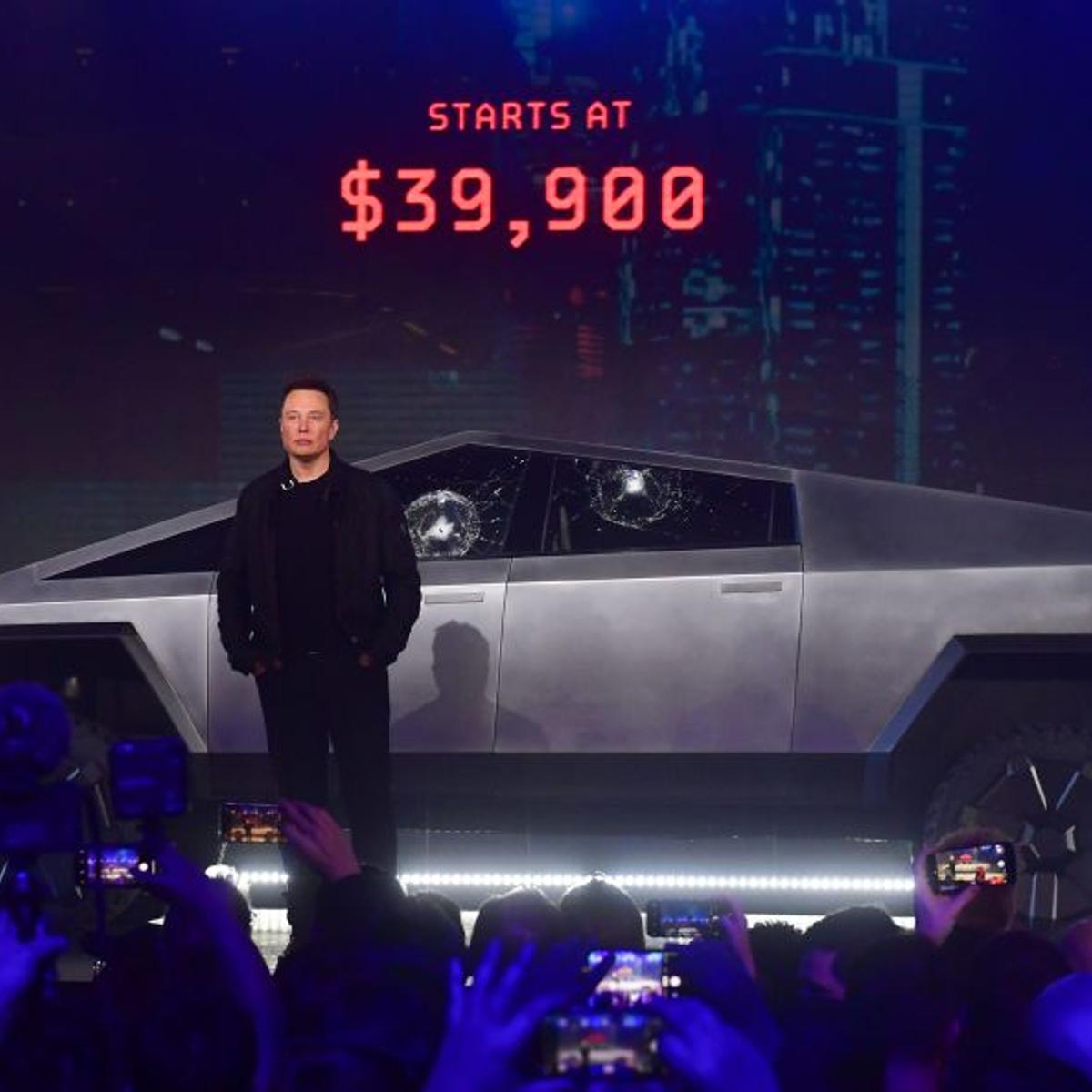 Elon Musk With Telsa Cybertruck With Broken Windows