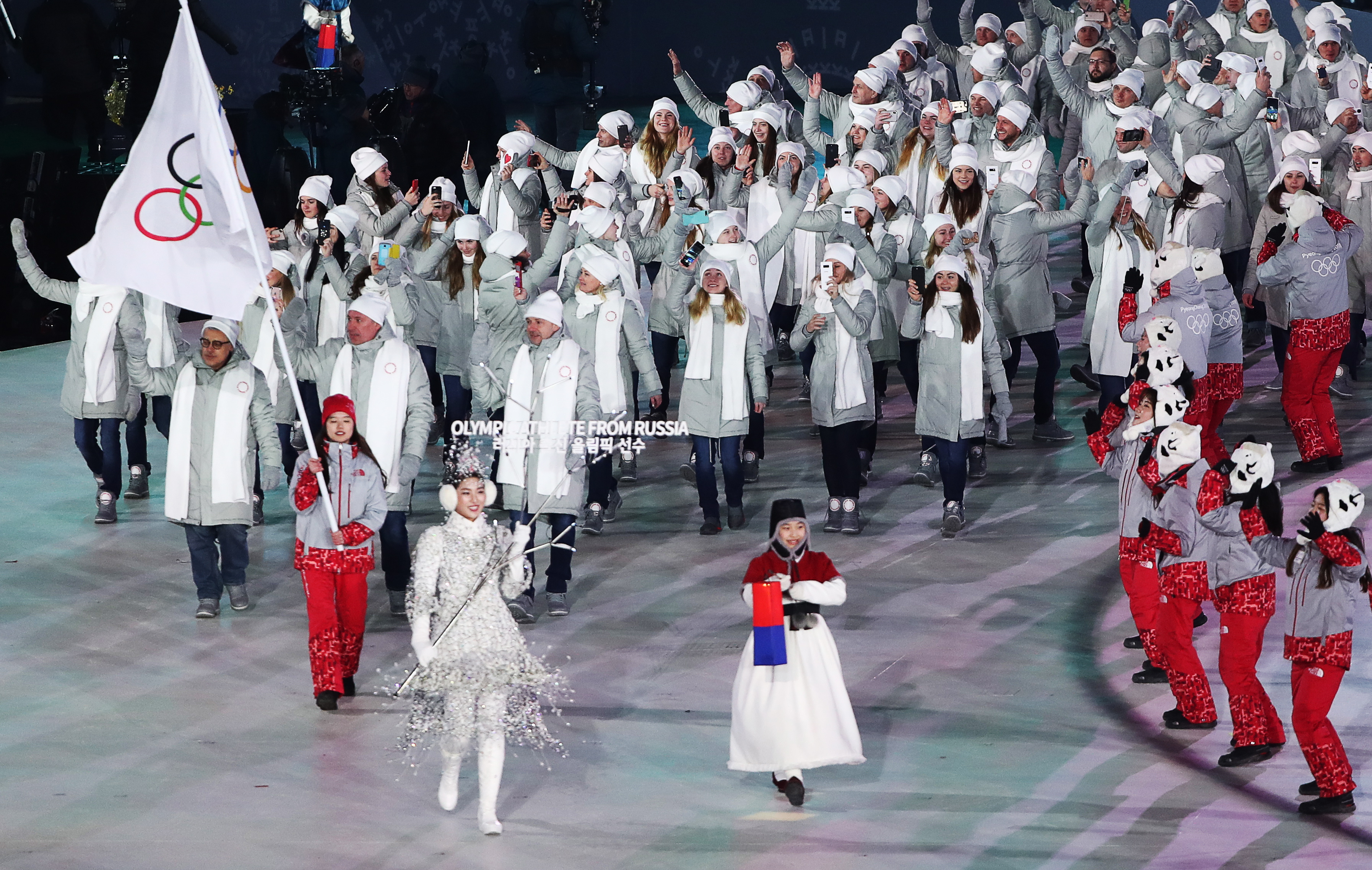 Olympic Athletes from Russia take part in the Parade of Nations at the opening ceremony of the PyeongChang 2018 Winter Olympic Games at Pyeongchang Olympic Stadium.