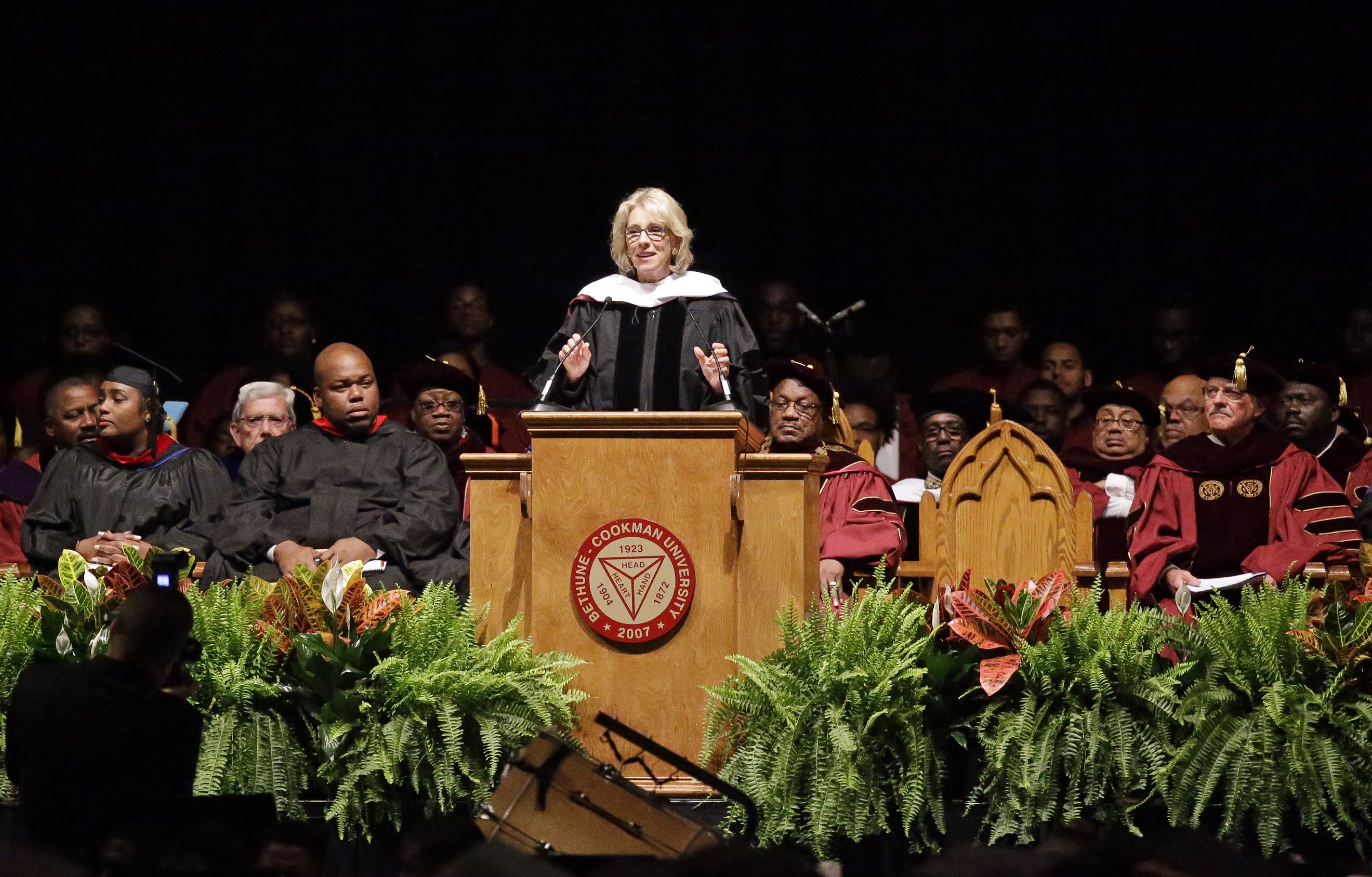 Education Secretary Betsy DeVos delivers a commencement address to graduates at Bethune-Cookman University on May 10, 2017, in Daytona Beach, Fla.
