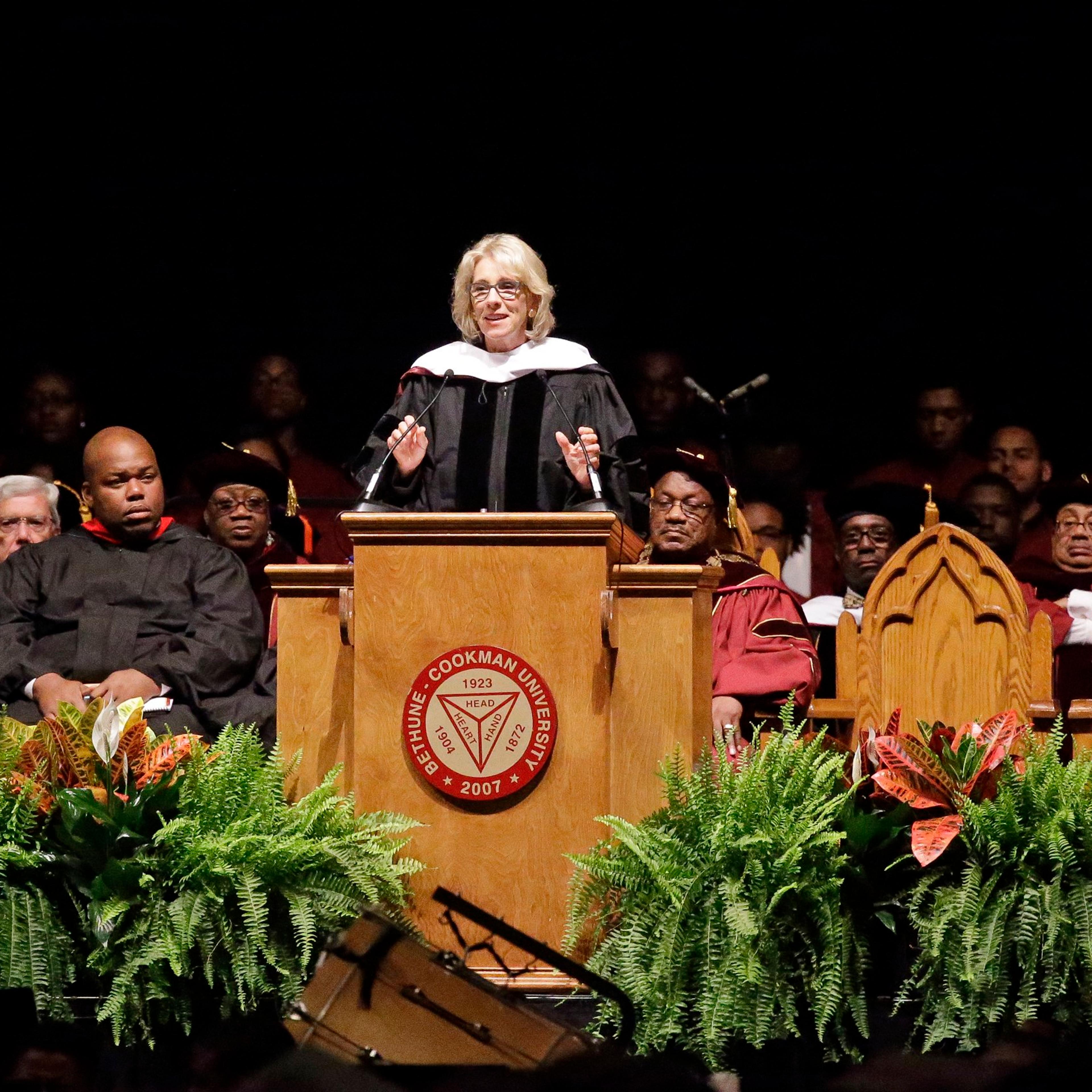 Education Secretary Betsy DeVos delivers a commencement address to graduates at Bethune-Cookman University on May 10, 2017, in Daytona Beach, Fla.