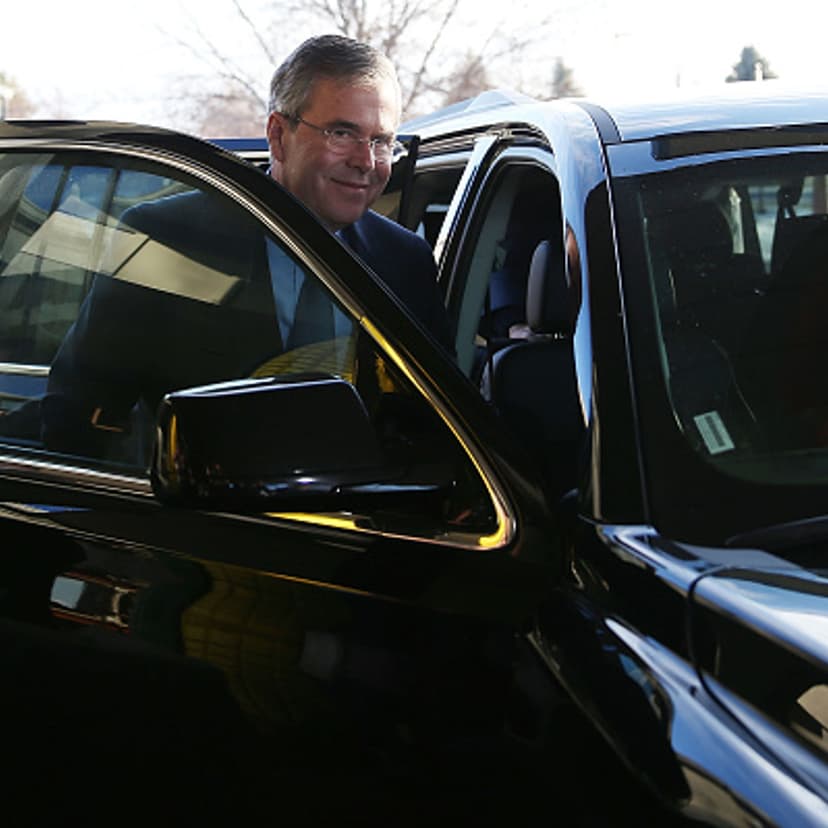 Republican presidential candidate former Florida Governor Jeb Bush enters his vehicle after attending a campaign event at the Westside Conservatives Club breakfast at the Machine Shed restaurant on January 13, 2016 in Urbandale, Iowa.