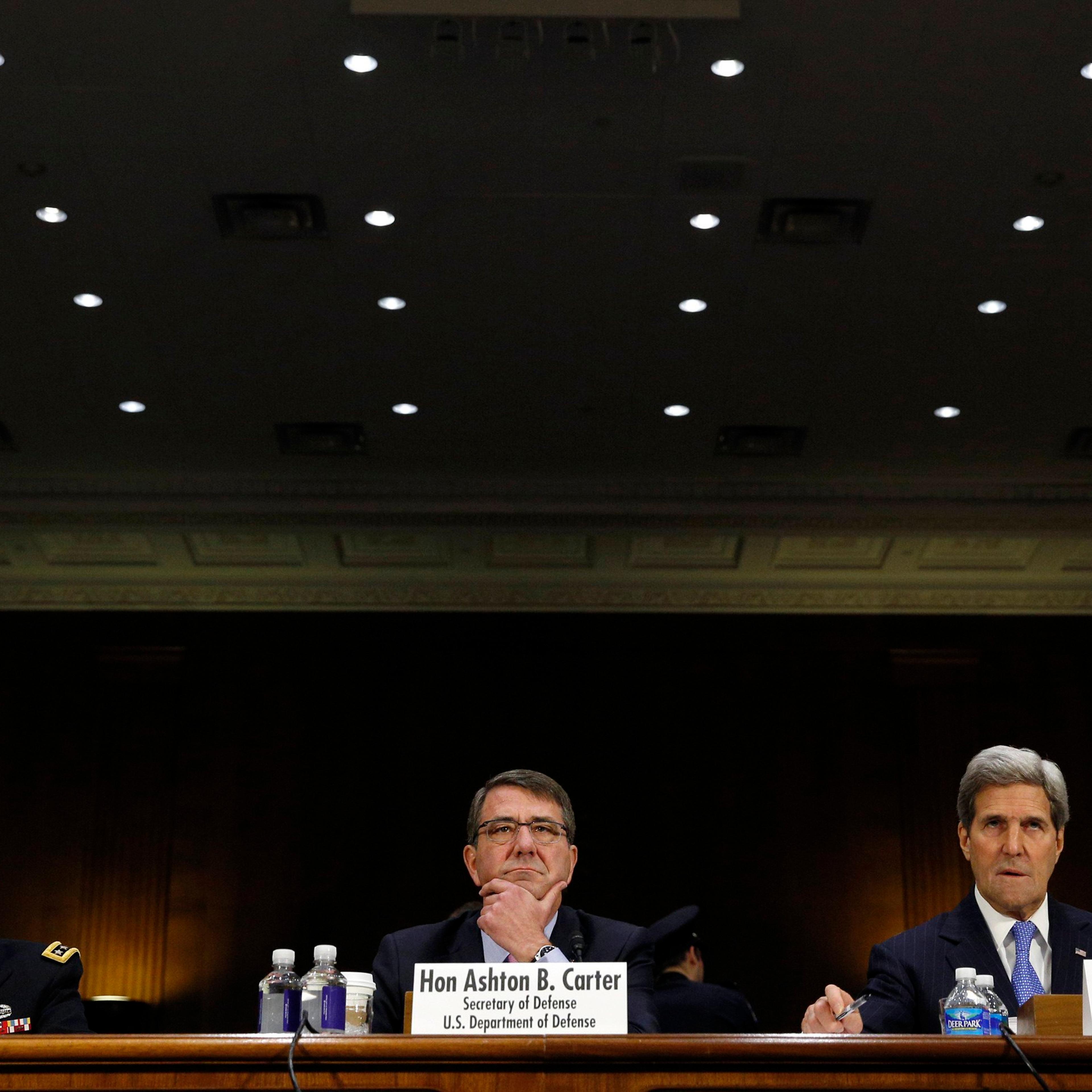 Joint Chiefs of Staff Chairman Army Gen. Martin Dempsey (L), U.S. Defense Secretary Ash Carter (C) and Secretary of State John Kerry testify at a Senate Foreign Relations Committee hearing on "The President's Request for Authorization to Use Force Agains