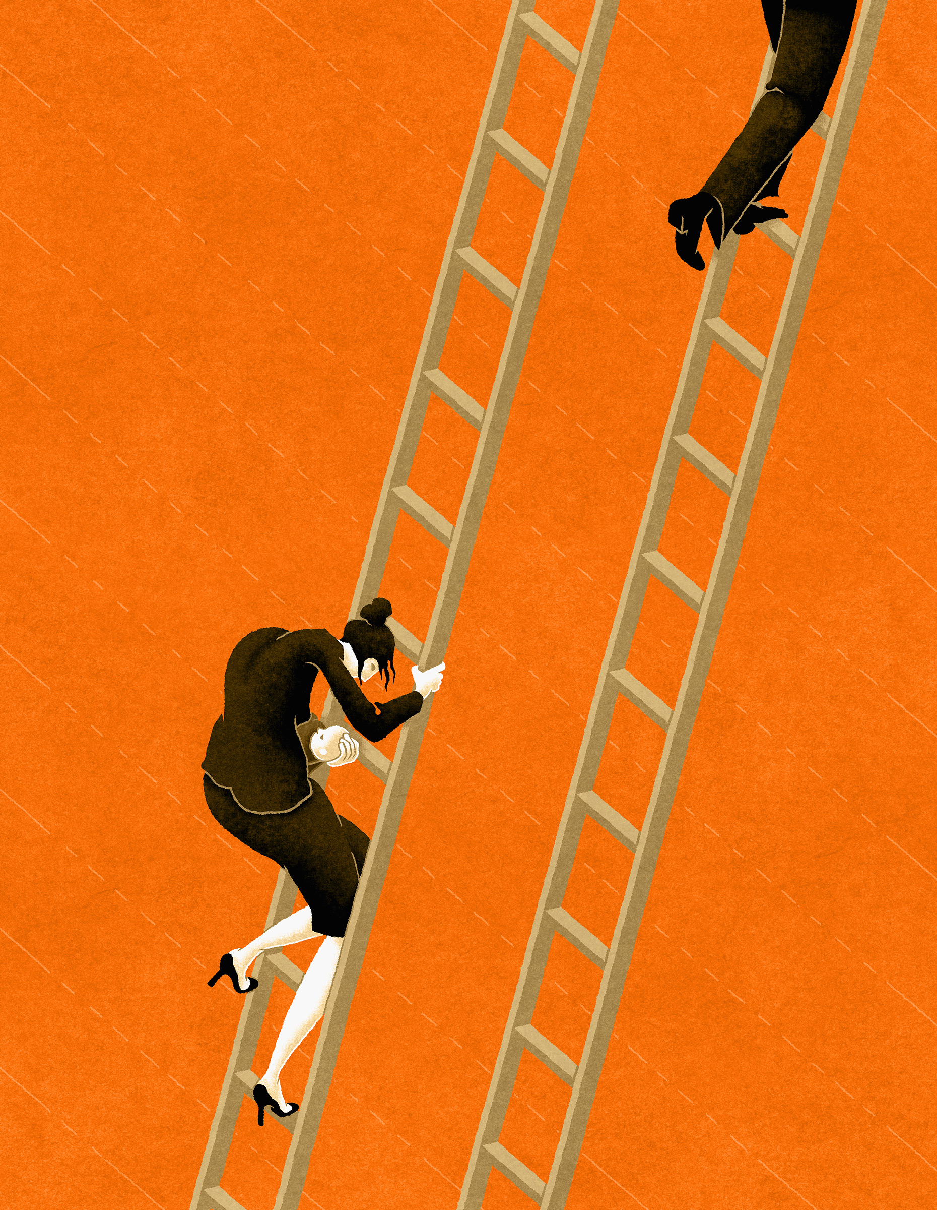 Illustration of a woman climbing ladder holding baby