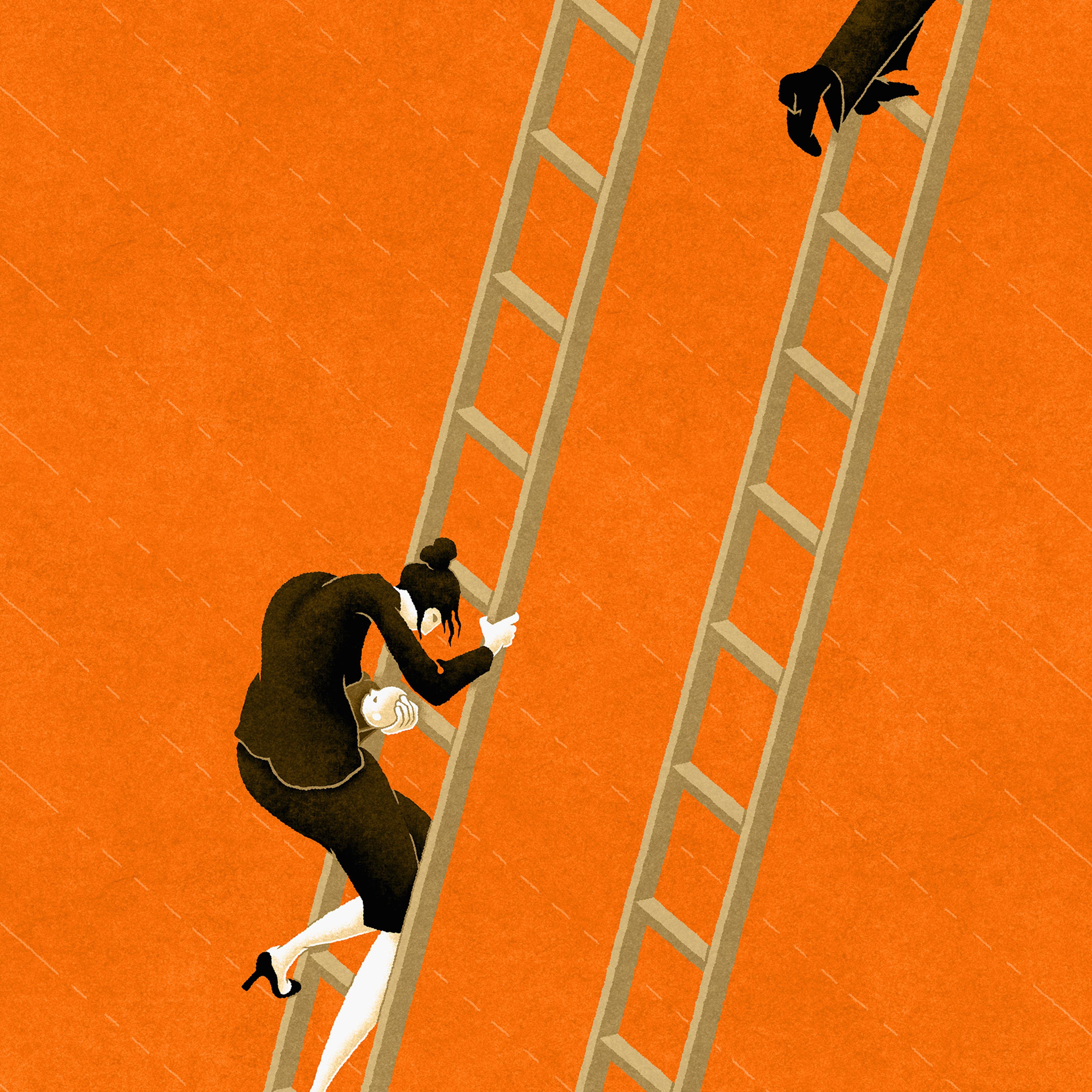 Illustration of a woman climbing ladder holding baby