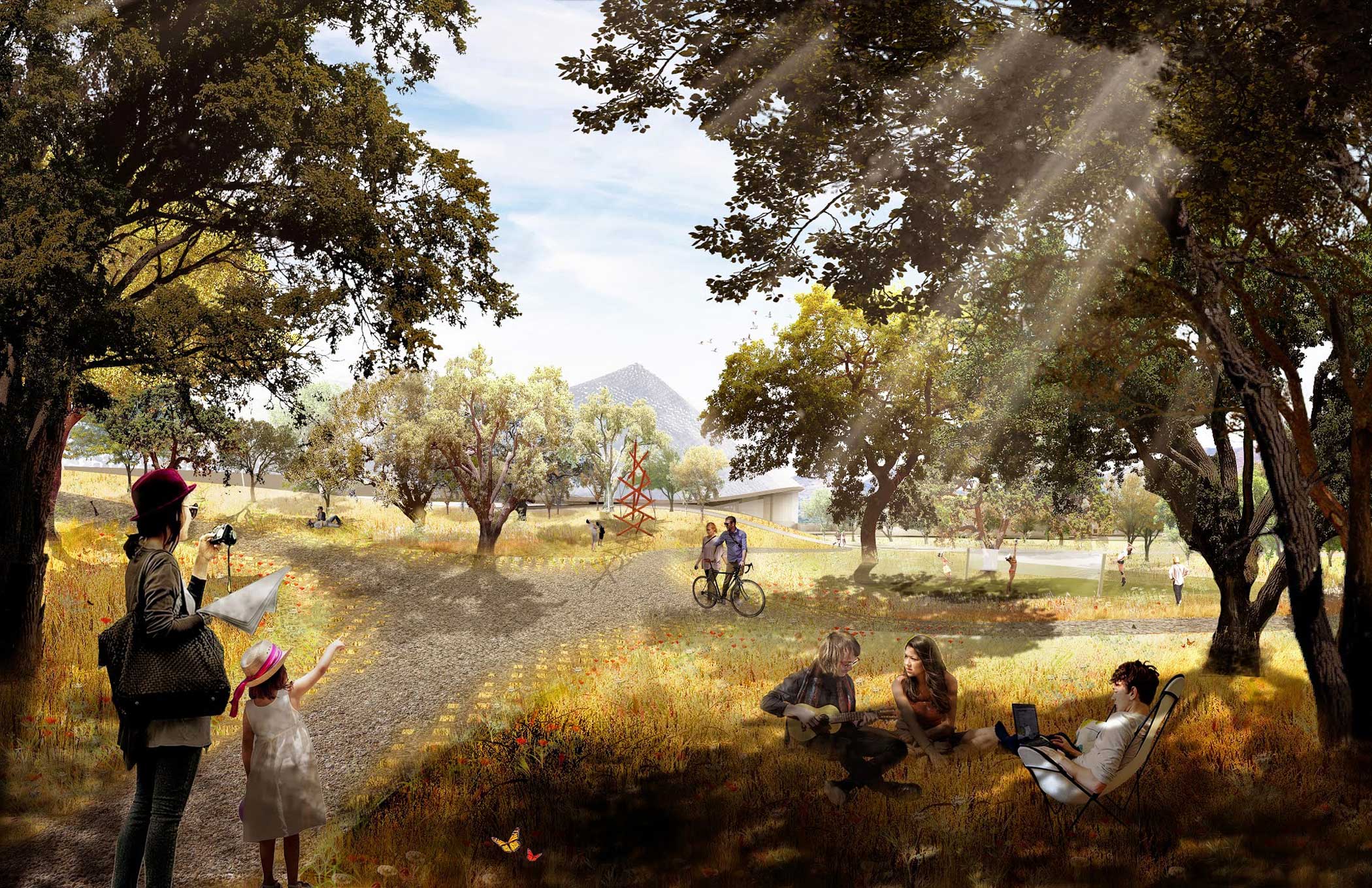 This rendering shows the northern half of the proposed Landings project. In place of parking lots and other underutilized sites, we will establish revitalized native ecosystems, including re-oaking and wetlands.
