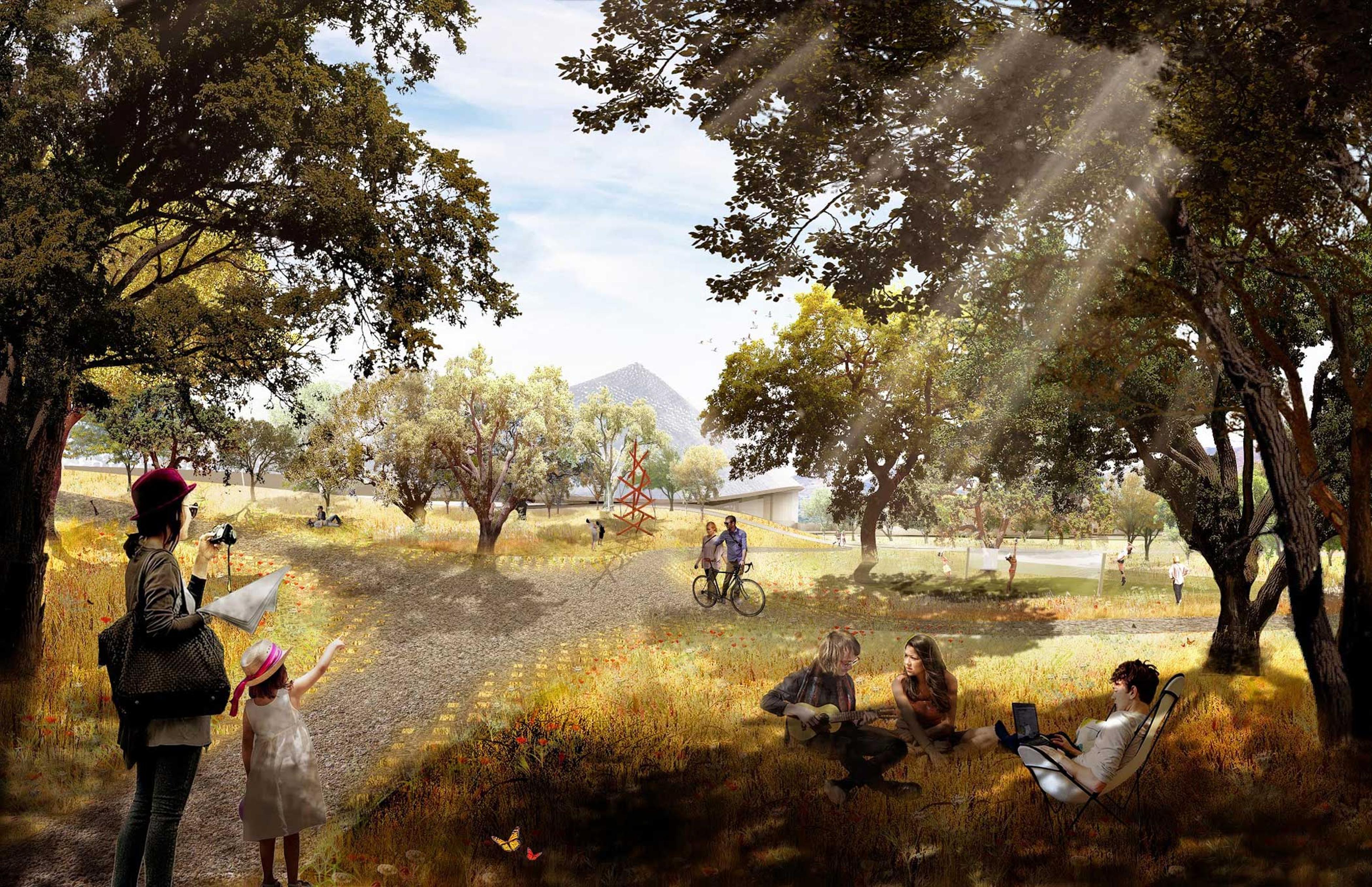 This rendering shows the northern half of the proposed Landings project. In place of parking lots and other underutilized sites, we will establish revitalized native ecosystems, including re-oaking and wetlands.