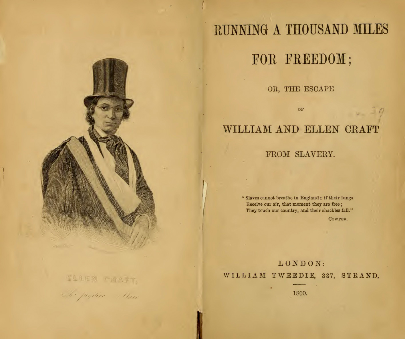 A portrait of Ellen Craft in the book 'Running a Thousand Miles for Freedom.'