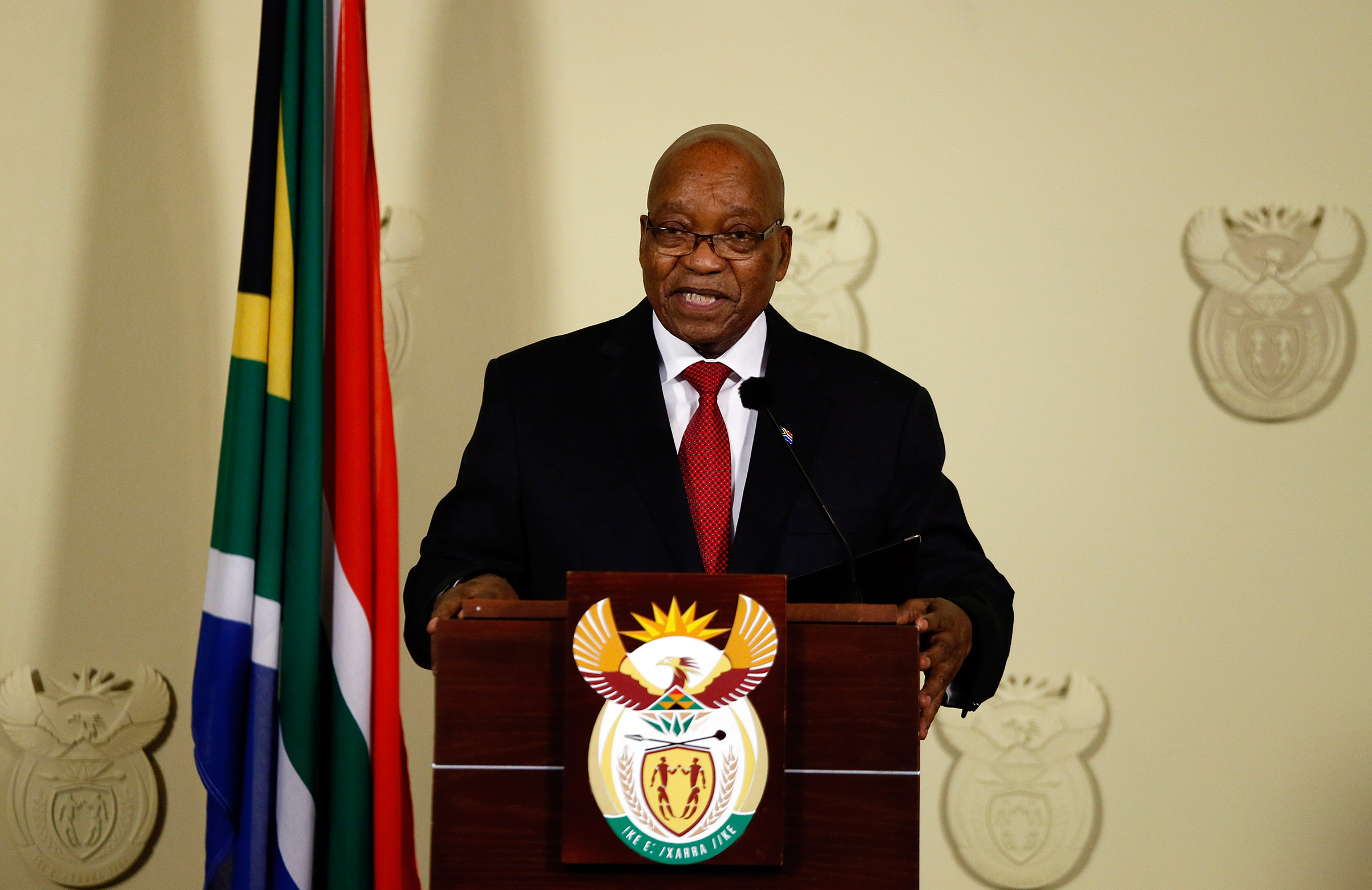 President of South Africa Jacob Zuma addresses the nation at the Union Buildings in Pretoria on Feb. 14, 2018.