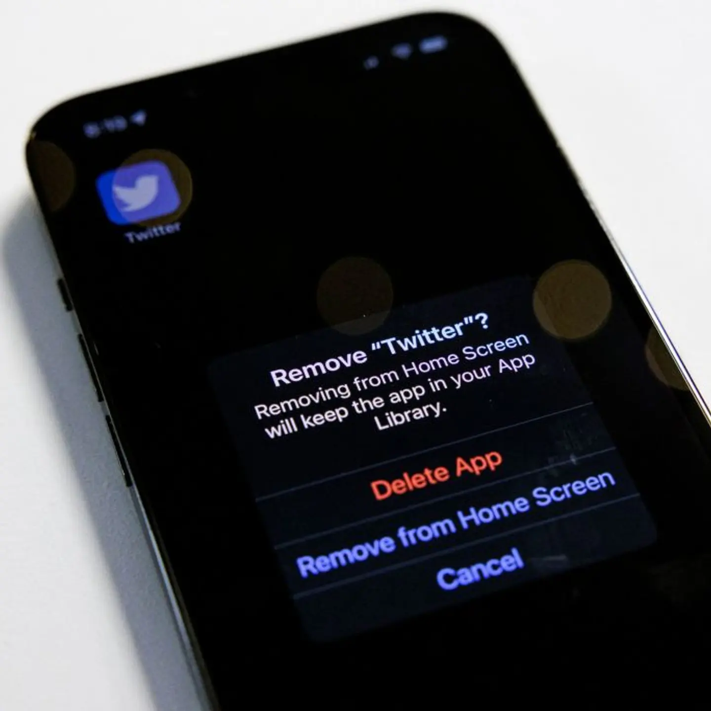 A prompt is seen to remove the Twitter app from an Apple iPhone 13 Pro in Washington, DC, on Nov. 28, 2022.