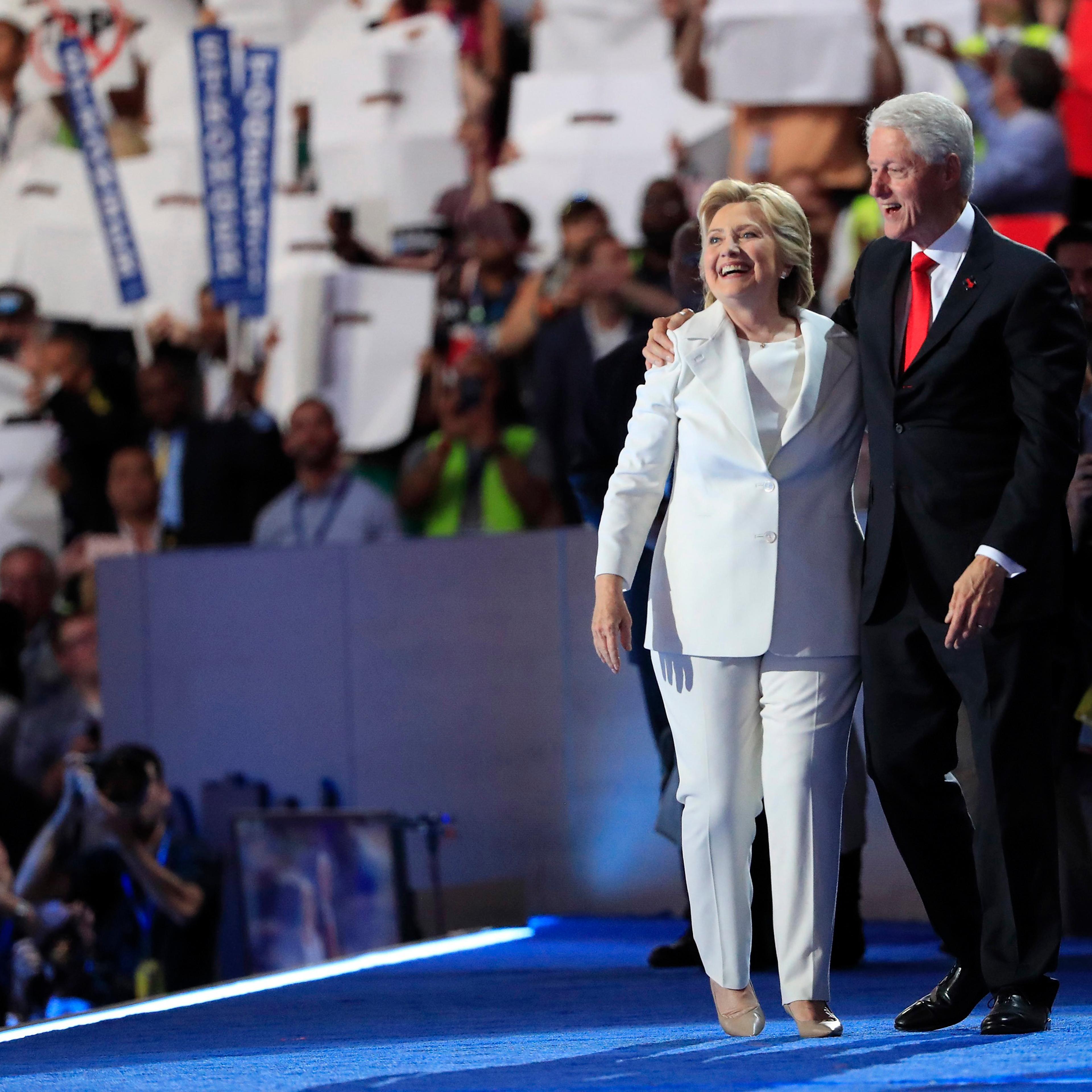 Democratic Nominee for President Hillary Clinton and former US President Bill Clinton on stage during final day of the Democratic National Convention at the Wells Fargo Center in Philadelphia on July 28, 2016.