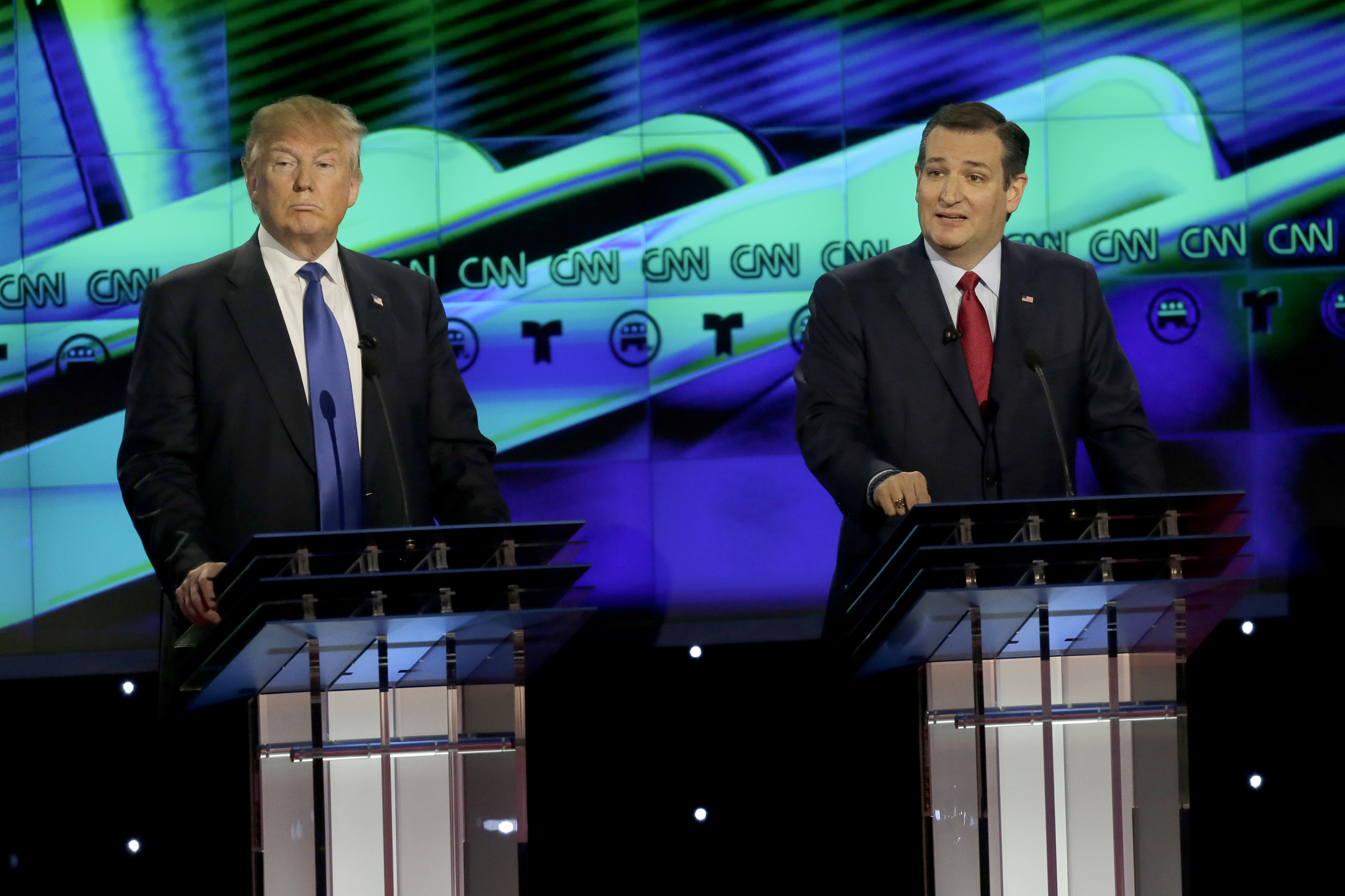 TELEMUNDO EVENTS -- Pictured: (l-r) Republican presidential candidates Donald Trump and Sen. Ted Cruz (R-TX) at the Republican presidential primary candidate debate sponsored by CNN and Telemundo at the University of Houston in Houston, TX, on February 2