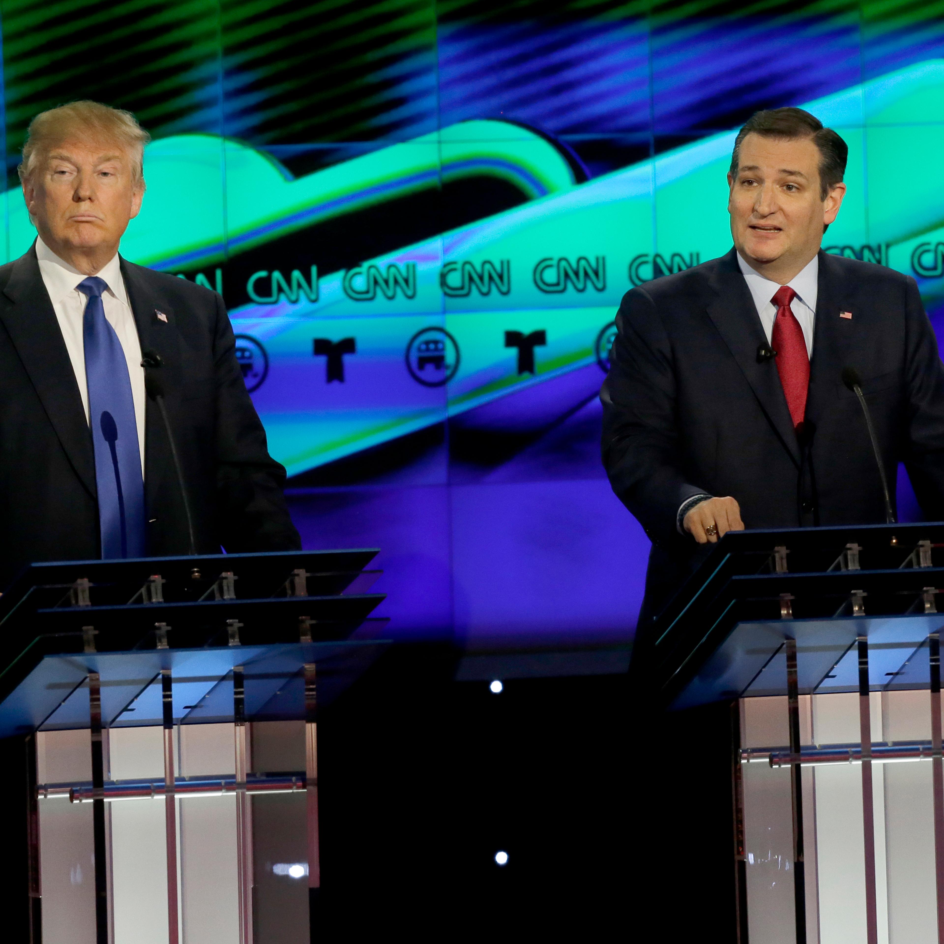 TELEMUNDO EVENTS -- Pictured: (l-r) Republican presidential candidates Donald Trump and Sen. Ted Cruz (R-TX) at the Republican presidential primary candidate debate sponsored by CNN and Telemundo at the University of Houston in Houston, TX, on February 2