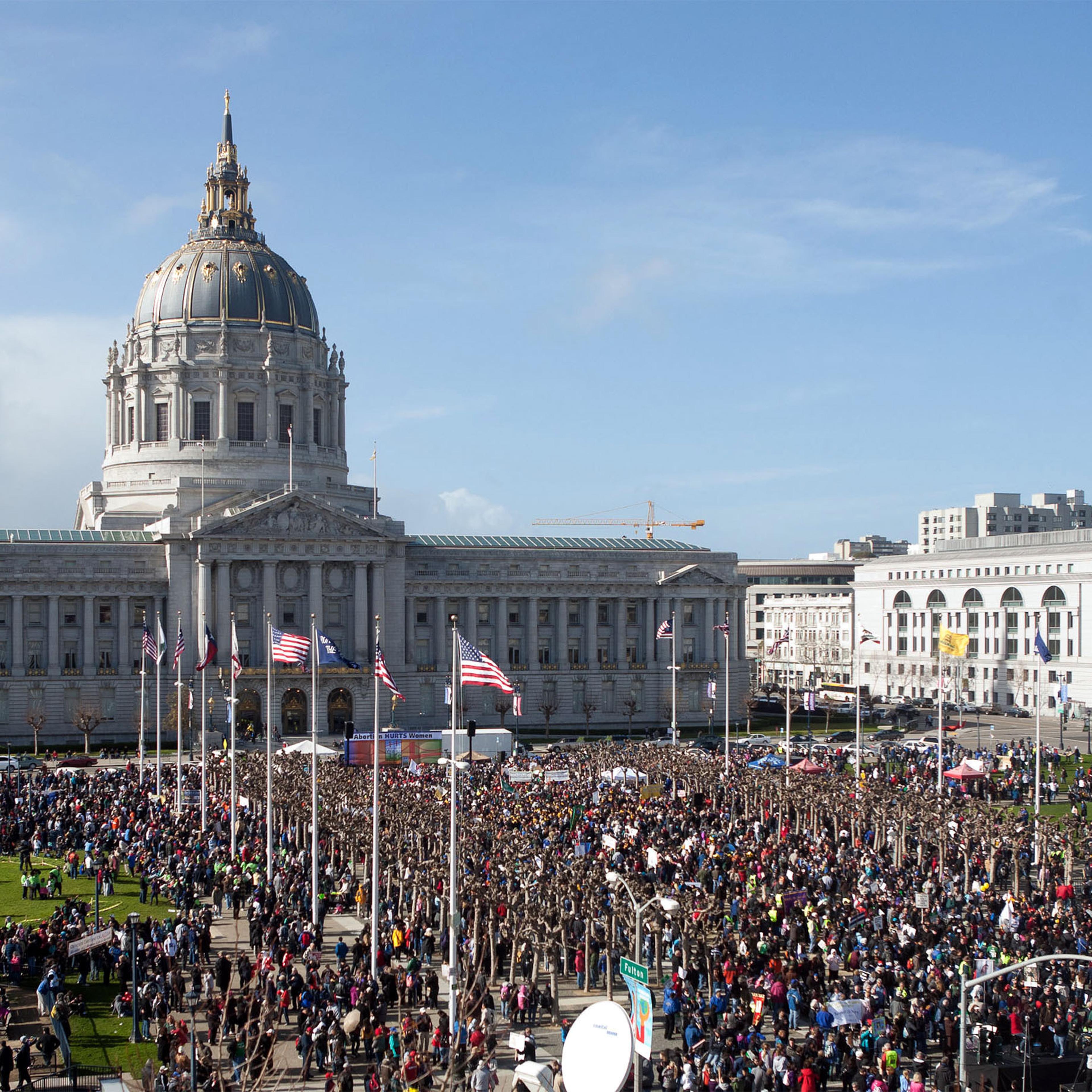 San Francisco's Civic Center Plaza, a site of many local gatherings and rallies, is among the locations in the city that have free Wi-Fi as of Wednesday, Oct. 1.