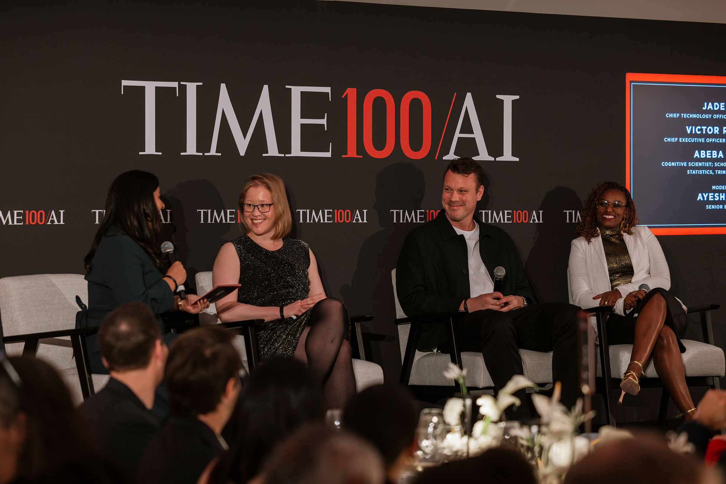 Jade Leung, Victor Riparbelli, Abeba Birhane participate in a panel during the TIME100 Impact Dinner London on Oct. 16, 2024.