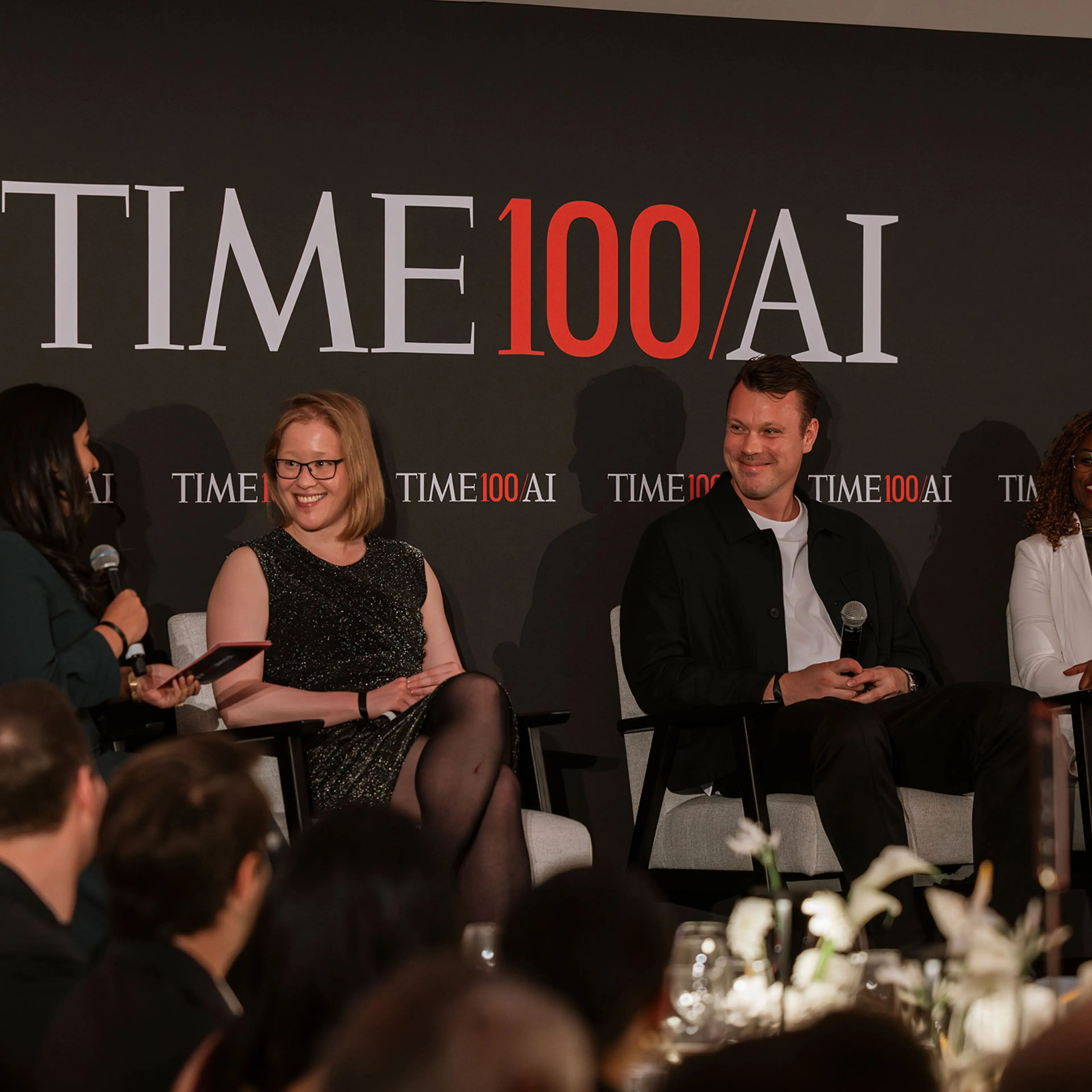 Jade Leung, Victor Riparbelli, Abeba Birhane participate in a panel during the TIME100 Impact Dinner London on Oct. 16, 2024.