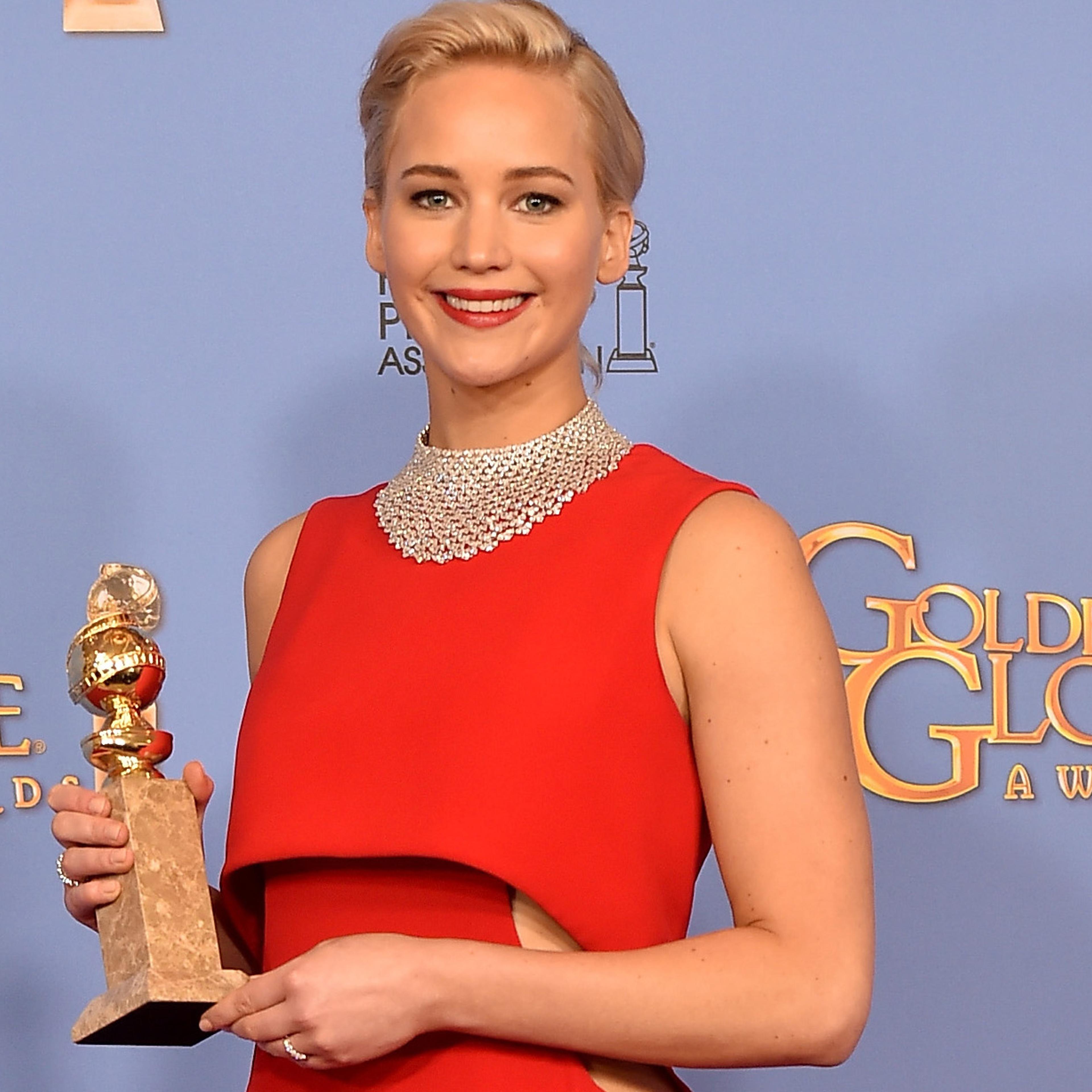 Jennifer Lawrence poses in the press room during the 73rd Annual Golden Globe Awards on Jan. 10, 2016 in Beverly Hills.