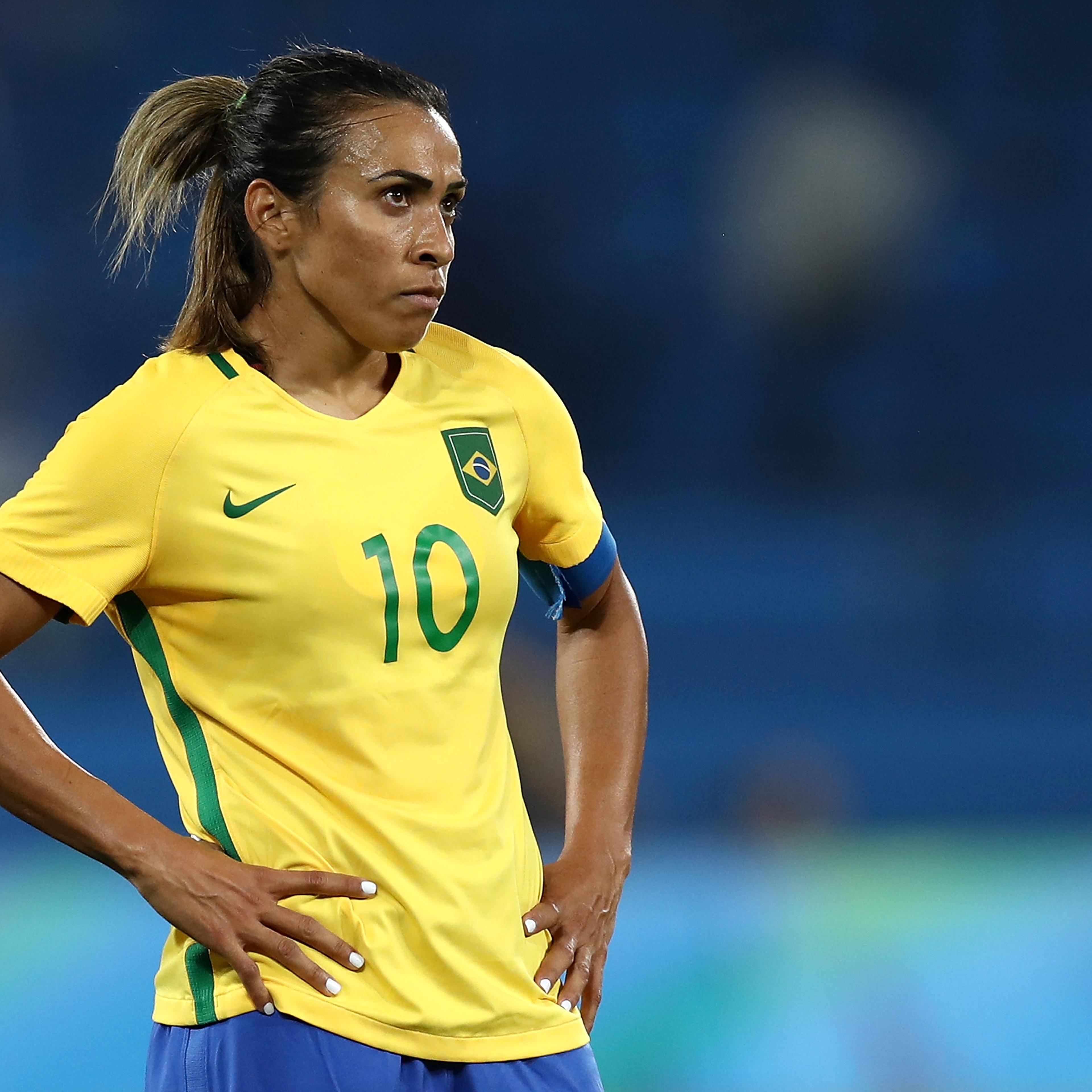 Marta of Brazil looks on during the Women's Group E first round match between Brazil and Sweden on Day 1 of the Rio 2016 Olympic Games at the Olympic Stadium on August 6, 2016 in Rio de Janeiro, Brazil.