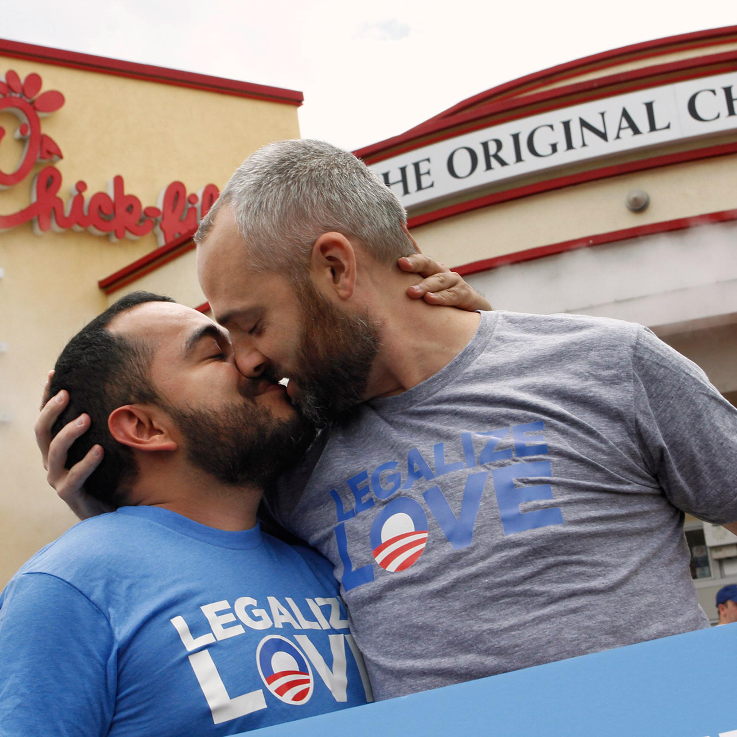 Cisneros and Montgomery kiss on national "kiss-in" day at Chick-fil-A restaurant in Hollywood