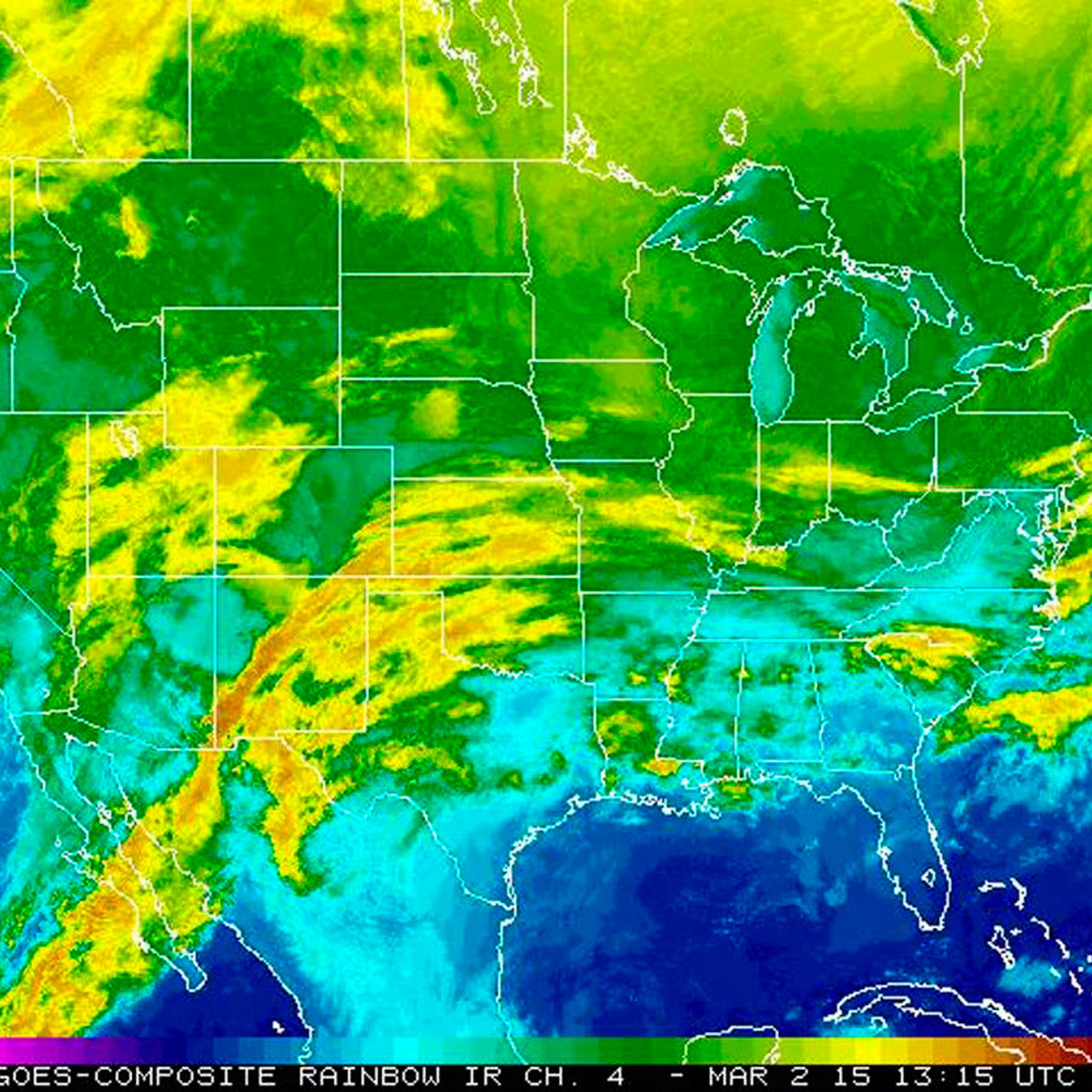 An infrared view of U.S. shows a storm poised to hit northern states across the nation with more snow and ice on March 2, 2015.