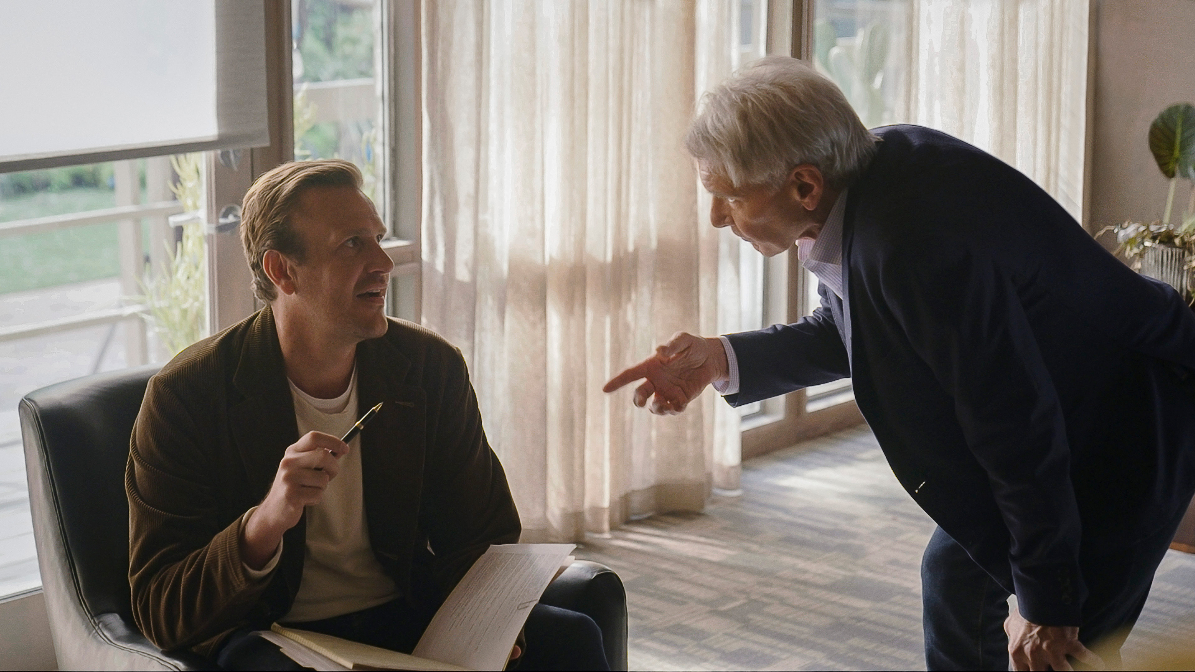 Jason Segel, left, and Harrison Ford in <i>Shrinking</i>