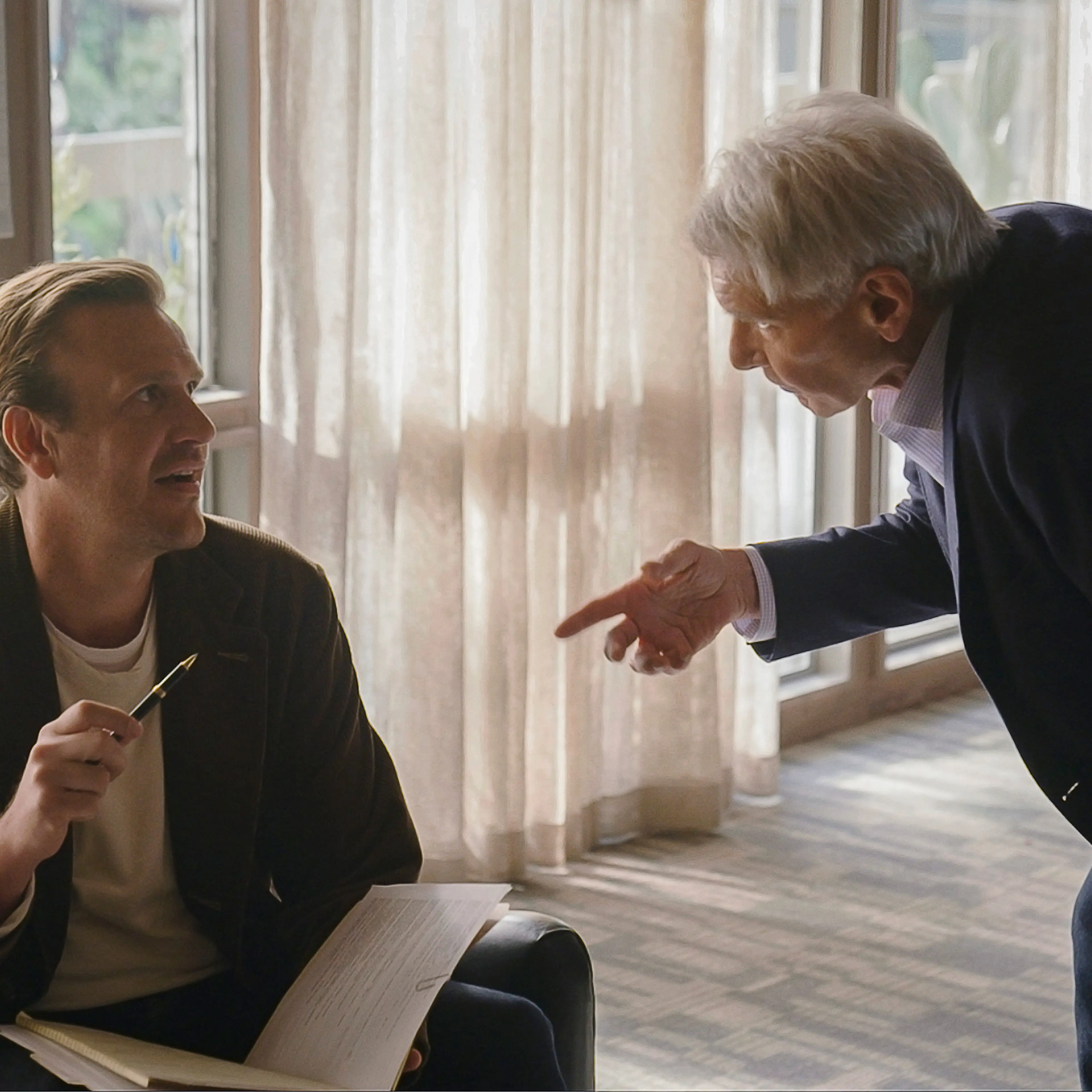 Jason Segel, left, and Harrison Ford in <i>Shrinking</i>
