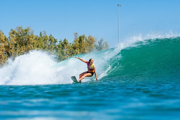 Four-time WSL Champion Carissa Moore of Hawaii surfing in the Women's Bonus Run of the Qualifying Round of the Jeep Surf Ranch Pro presented by Adobe on June 20, 2021 in Lemoore, California.
