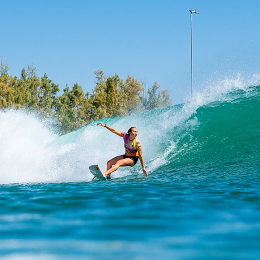 Four-time WSL Champion Carissa Moore of Hawaii surfing in the Women's Bonus Run of the Qualifying Round of the Jeep Surf Ranch Pro presented by Adobe on June 20, 2021 in Lemoore, California.