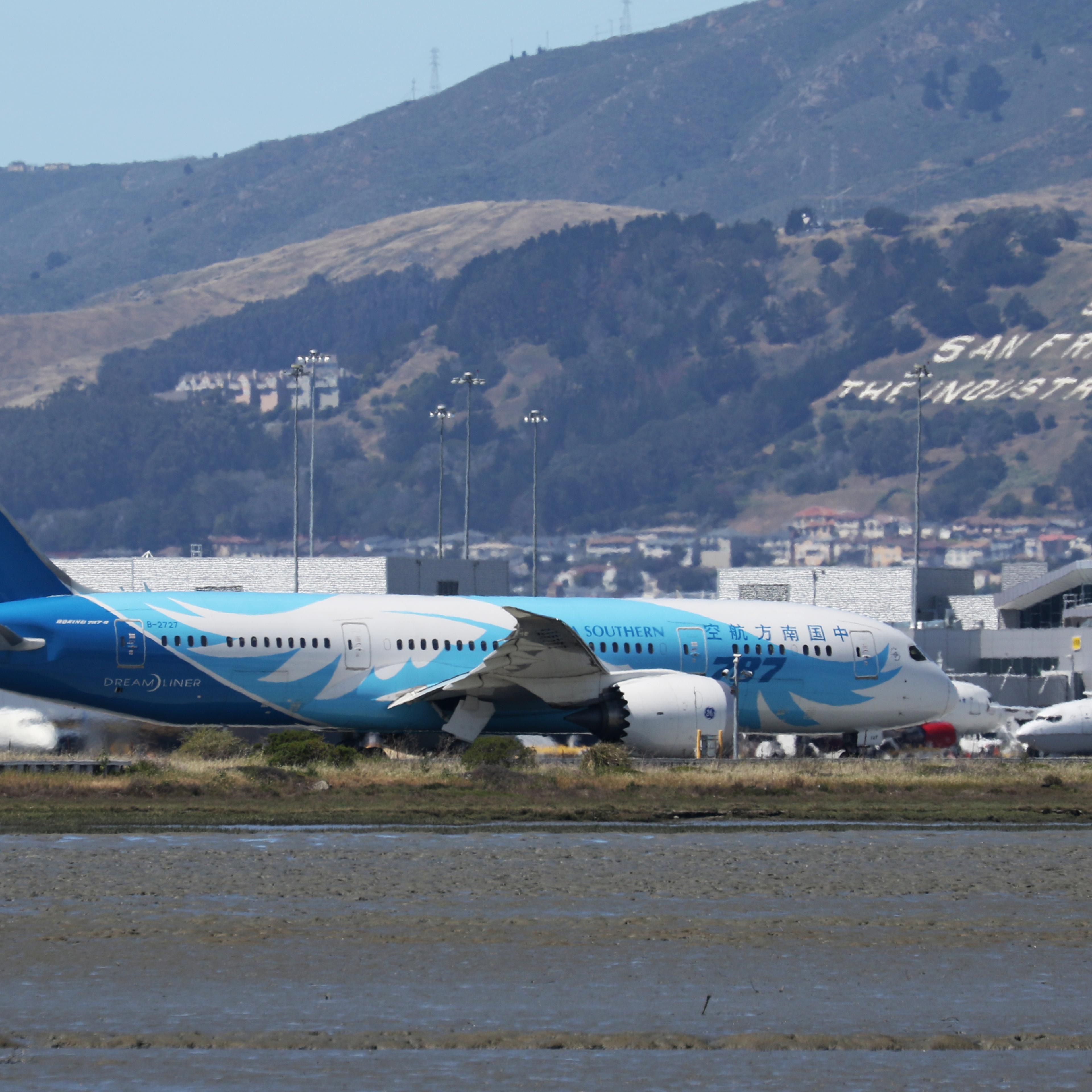 A China Southern Boeing 787, with Tail Number B-2727, taxis at San Francisco International Airport, San Francisco