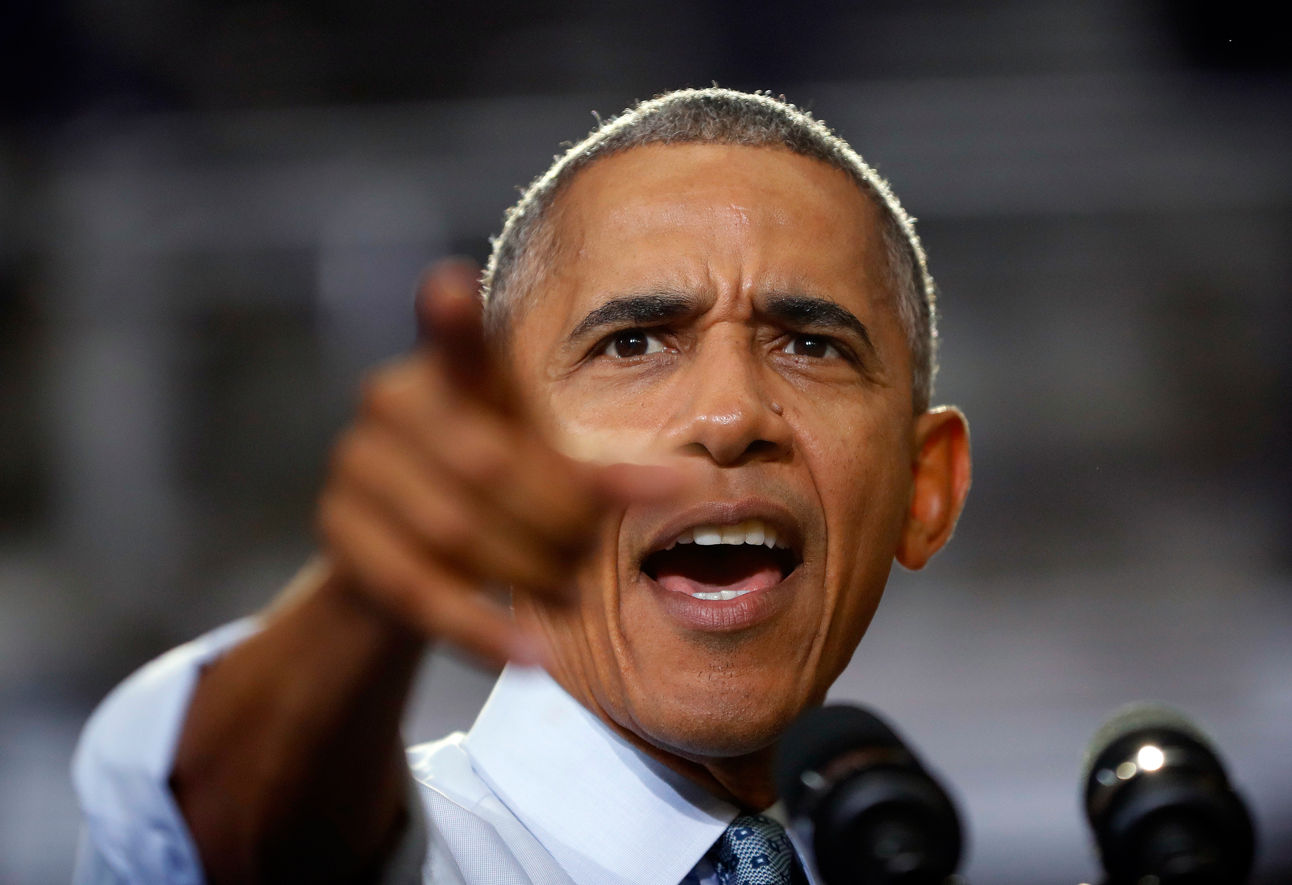 President Barack Obama points to members of the audience while speaking at Capital University Field House in Columbus, Ohio, Tuesday, Nov. 1, 2016. Obama is kicking off a week of campaigning for Democratic presidential candidate Hillary Clinton with a st