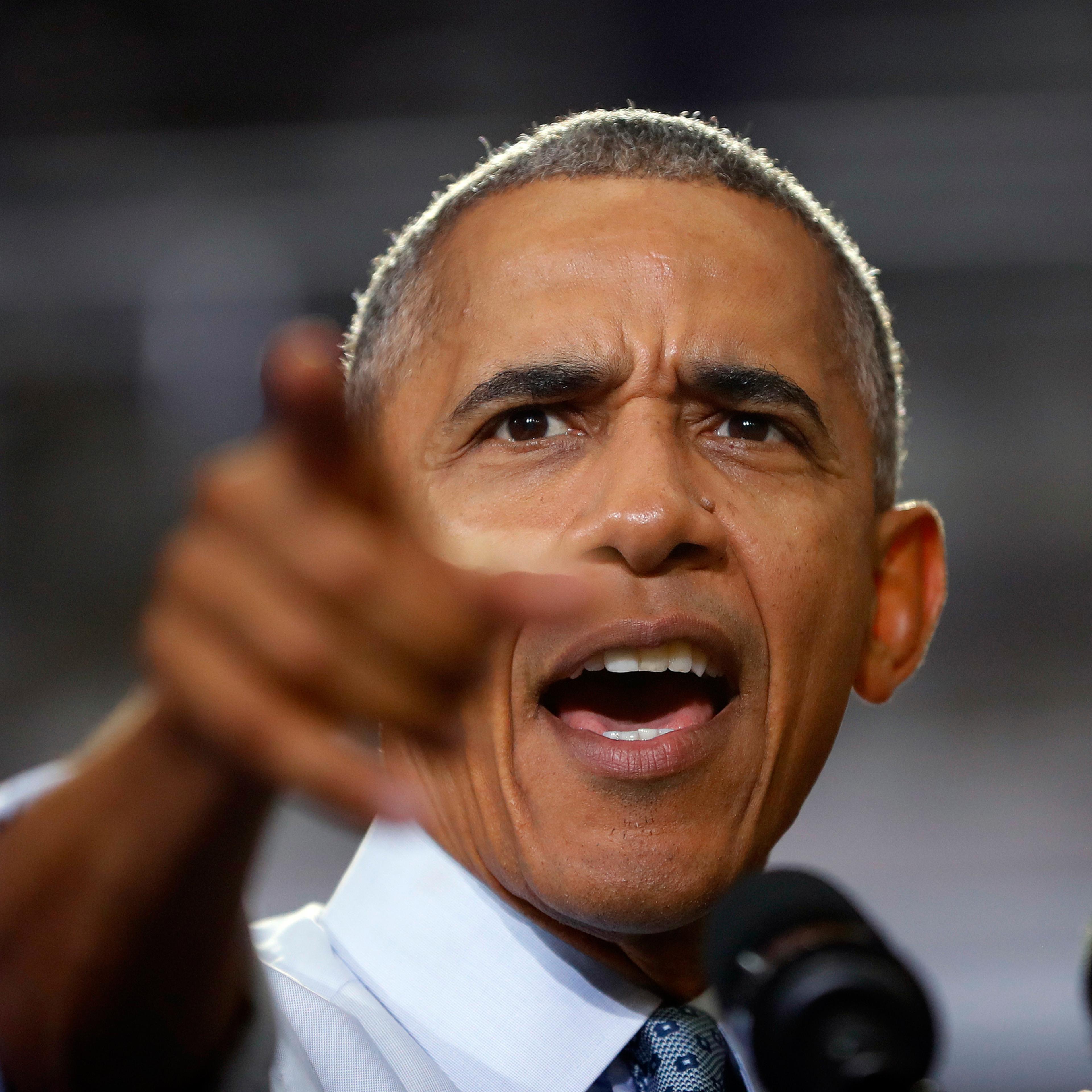 President Barack Obama points to members of the audience while speaking at Capital University Field House in Columbus, Ohio, Tuesday, Nov. 1, 2016. Obama is kicking off a week of campaigning for Democratic presidential candidate Hillary Clinton with a st