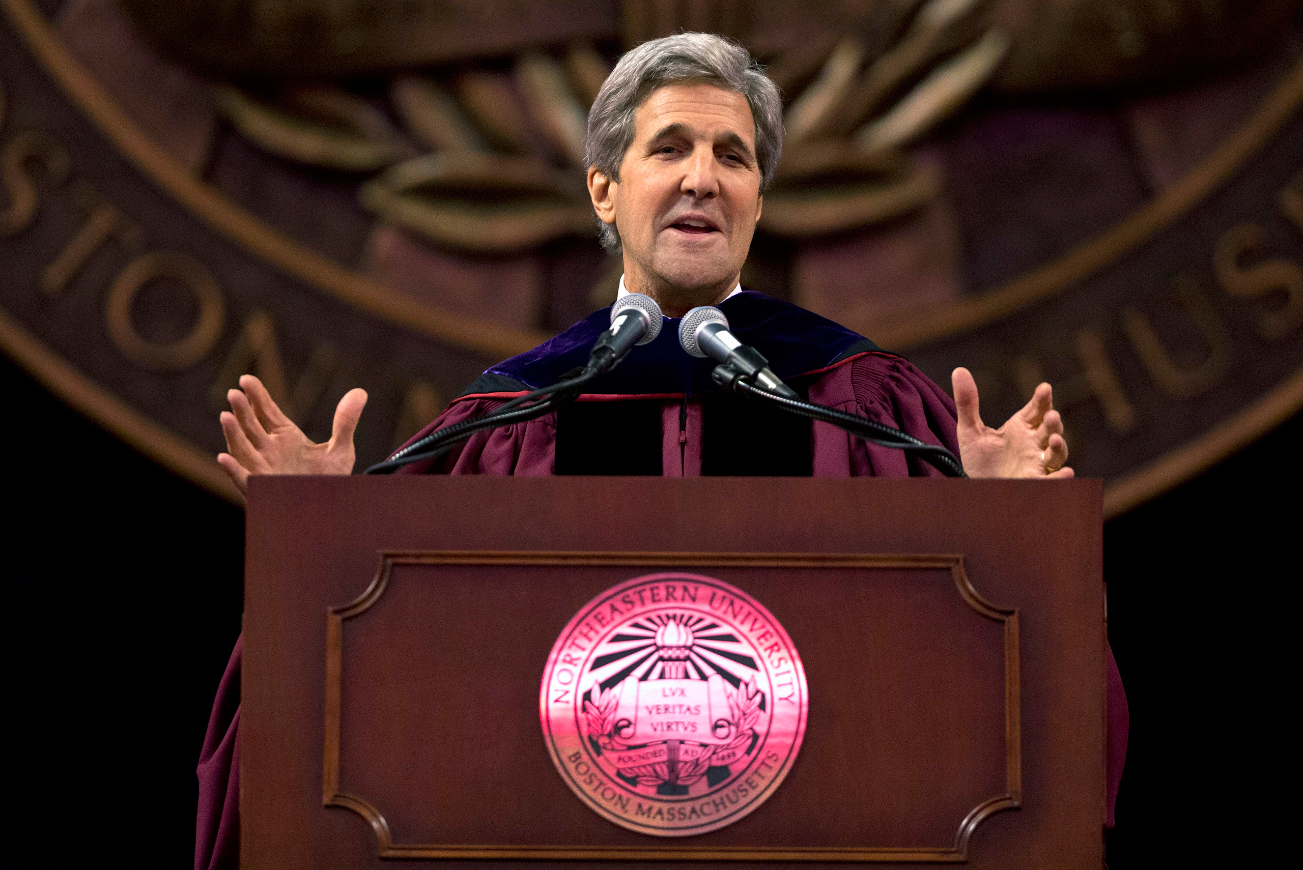 Secretary of State John Kerry gestures while giving the keynote address during Northeastern University's commencement ceremonies in Boston, Friday, May 6, 2016. Kerry told the graduating class that their diversity makes them "Donald Trump's worst nightma