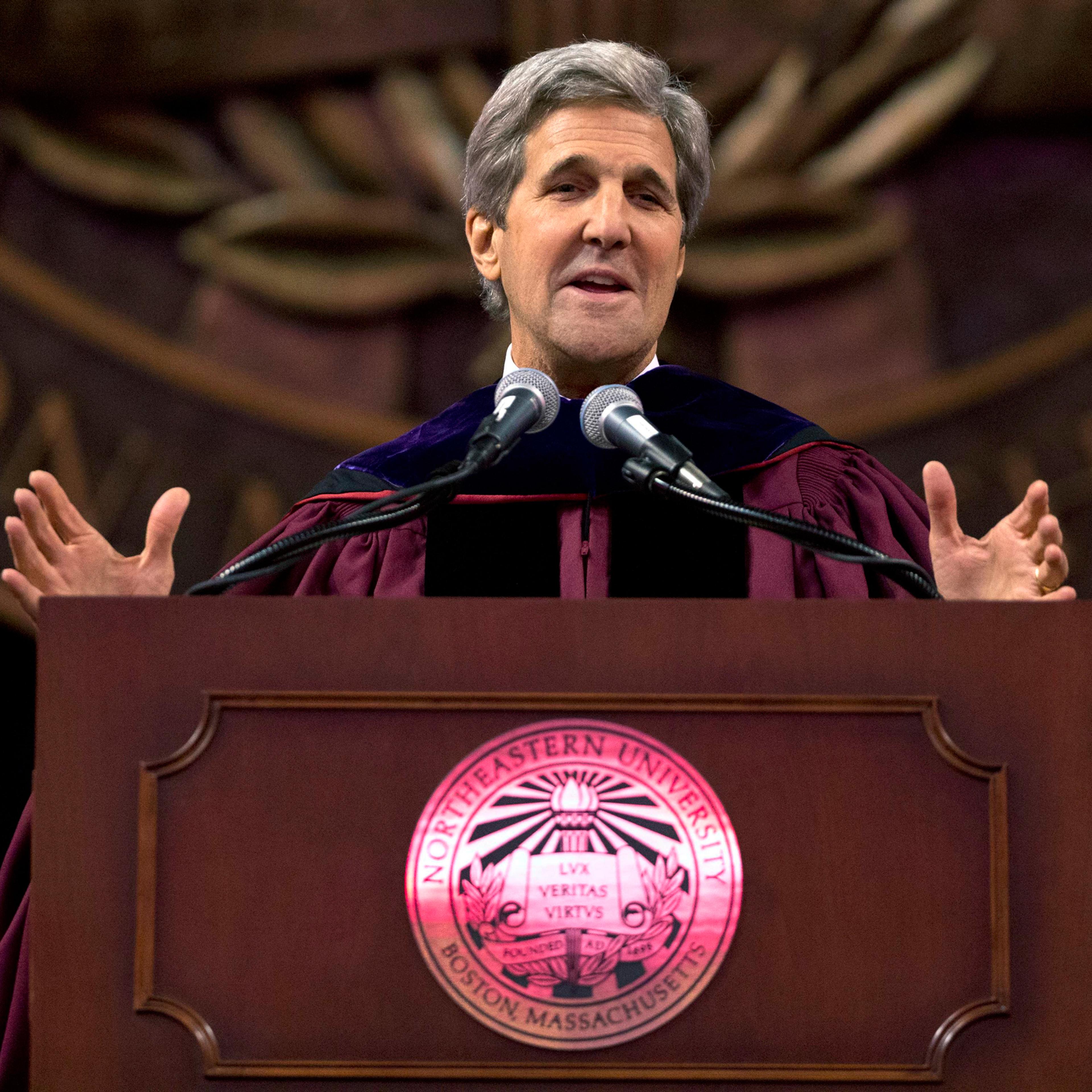 Secretary of State John Kerry gestures while giving the keynote address during Northeastern University's commencement ceremonies in Boston, Friday, May 6, 2016. Kerry told the graduating class that their diversity makes them "Donald Trump's worst nightma