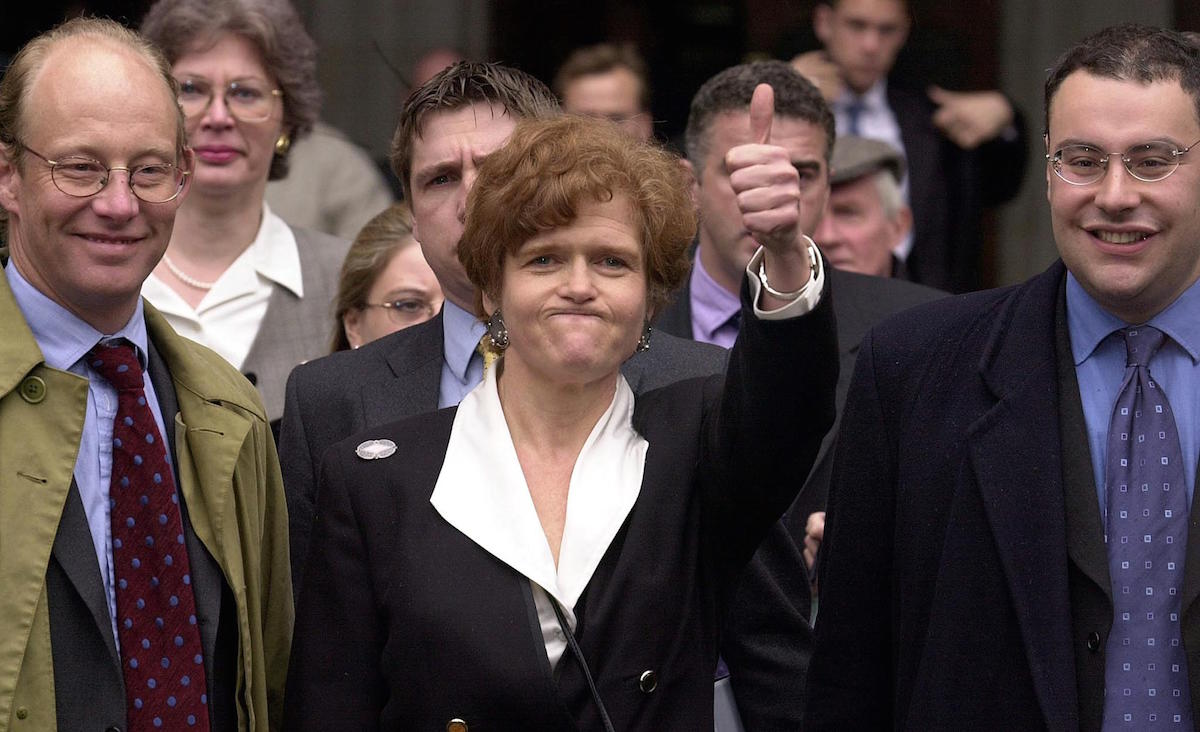 US academic Deborah Lipstadt (C) exults 11 April 2