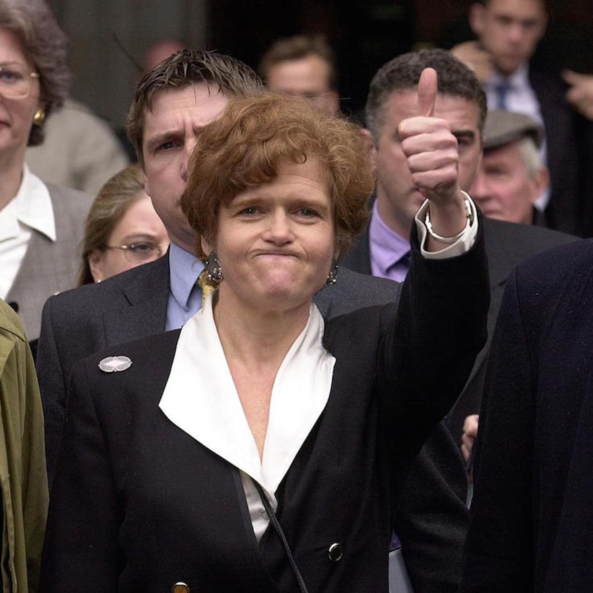 US academic Deborah Lipstadt (C) exults 11 April 2