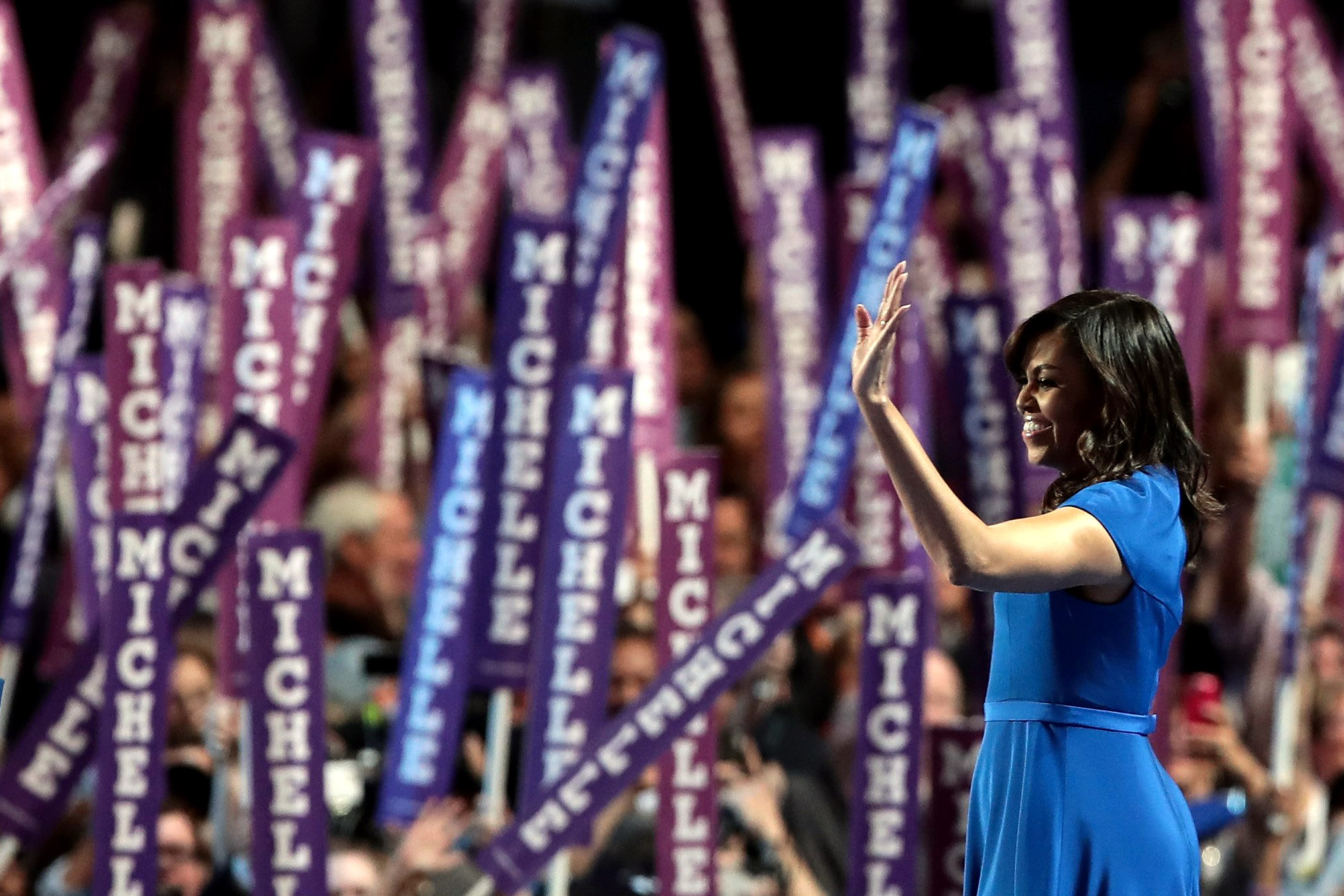 First Lady Michelle Obama acknowledges the crowd after delivering remarks on the first day of the Democratic National Convention at the Wells Fargo Center, July 25, 2016 in Philadelphia.