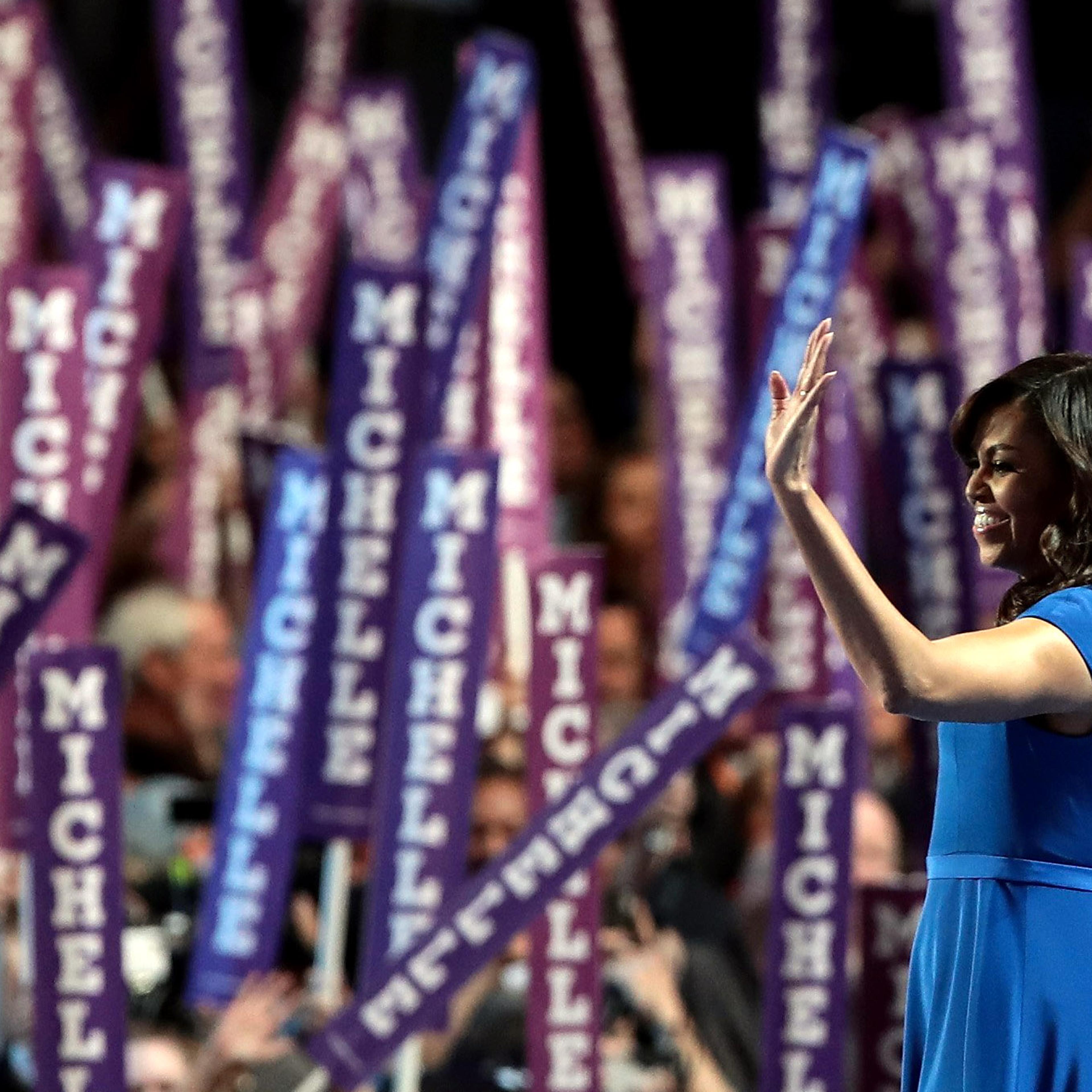 First Lady Michelle Obama acknowledges the crowd after delivering remarks on the first day of the Democratic National Convention at the Wells Fargo Center, July 25, 2016 in Philadelphia.