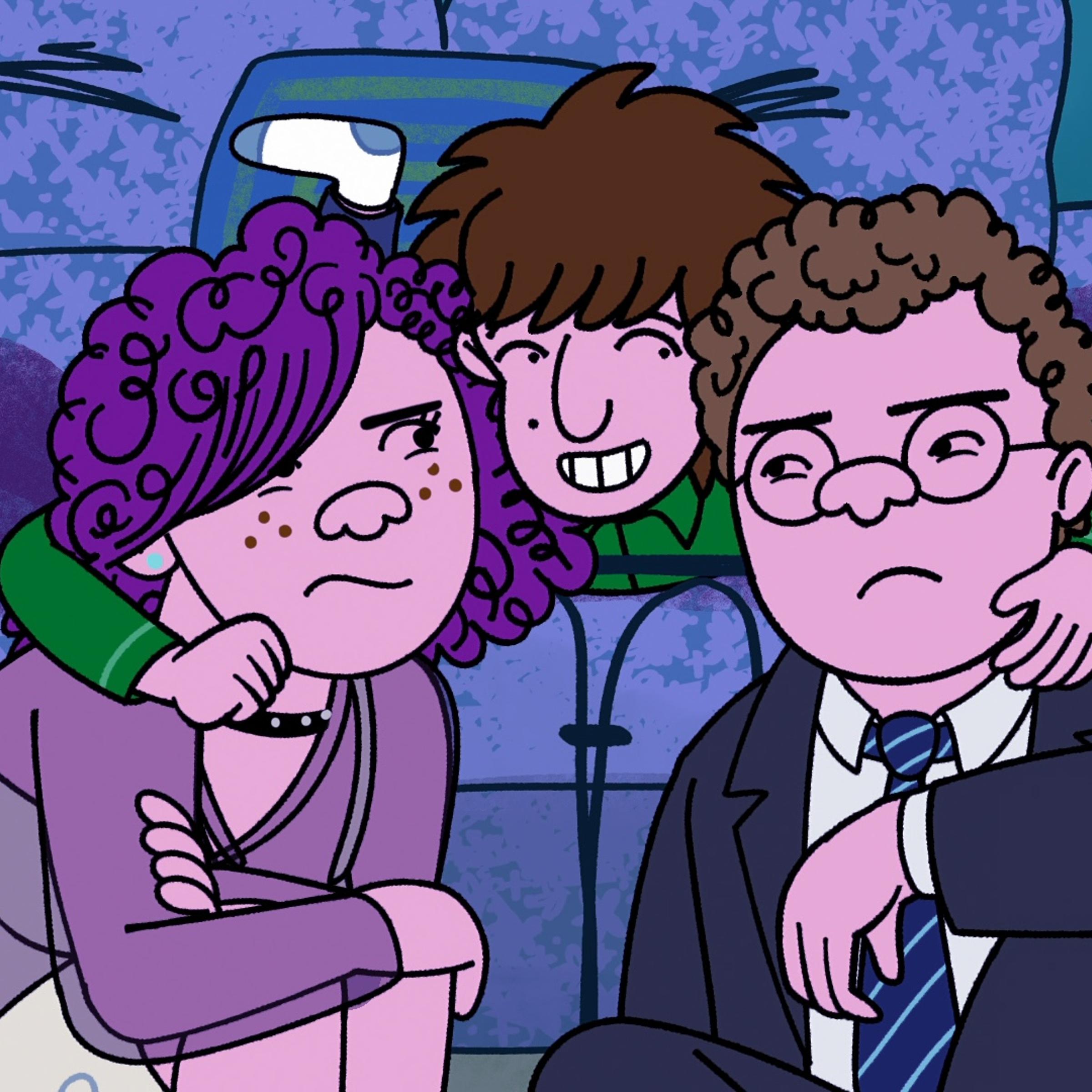 Long Story Short (L to R) Abbi Jacobson as Shira Schwooper, Ben Feldman as Avi Schwooper and Max Greenfield as Yoshi Schwooper in Long Story Short. Cr. COURTESY OF NETFLIX © 2025